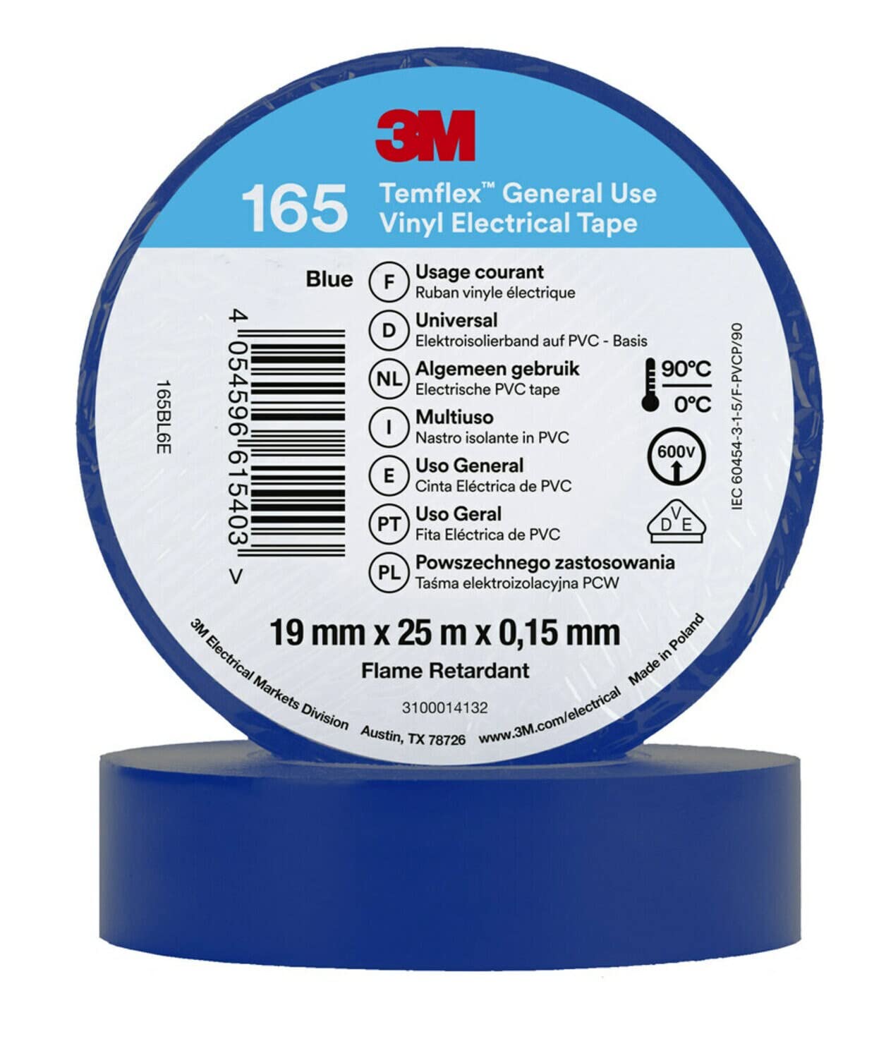 3M 165Wh6E Taśma Winylowa, Biały, 19 mm x 25 m