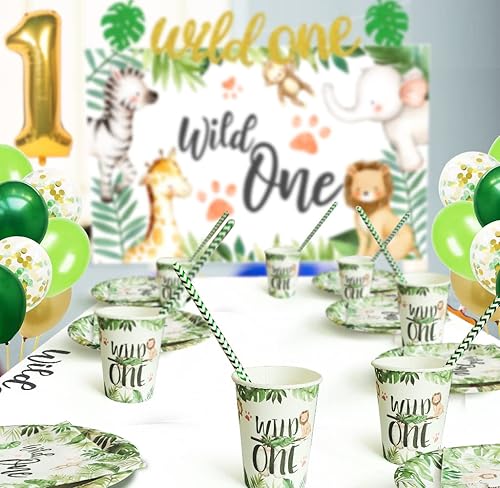 Miniatura 6 de Wild One - Decoraciones de cumpleaños  Suministros de fiesta temática de selva incluye platos, taza, servilleta, globo, telón de fondo, mantel,