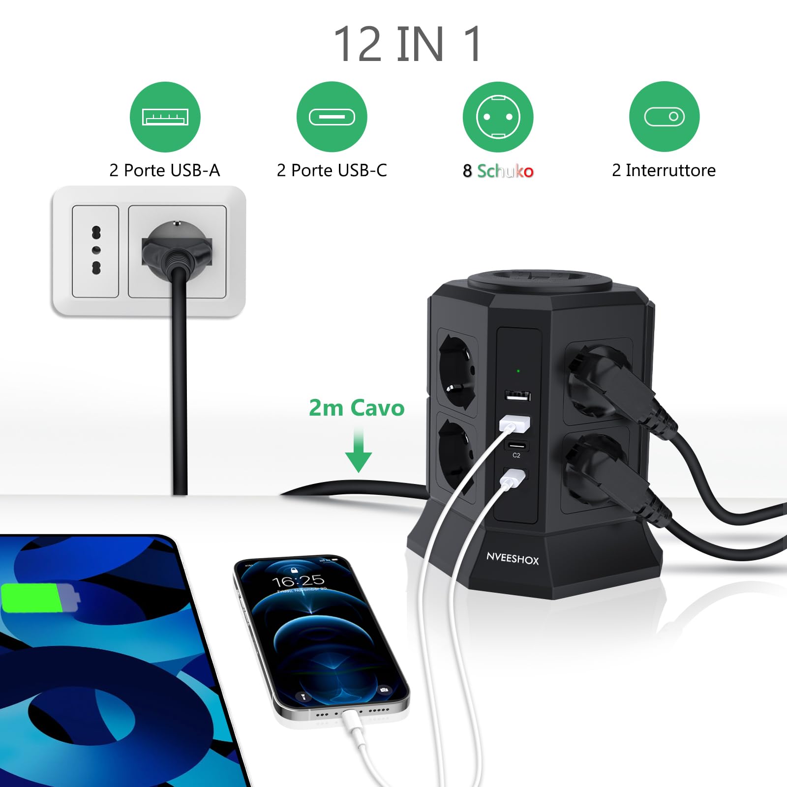 NVEESHOX Mehrfachsteckdose mit 8 Universalsteckdosen Schuko(4000W 10/16A) & 2 USB-C (20W PD3.0) & 2 USB-A, IT Mehrfachsteckdose vertikal mit Schalter mit Schalter, Kabel 2 m (schwarz)