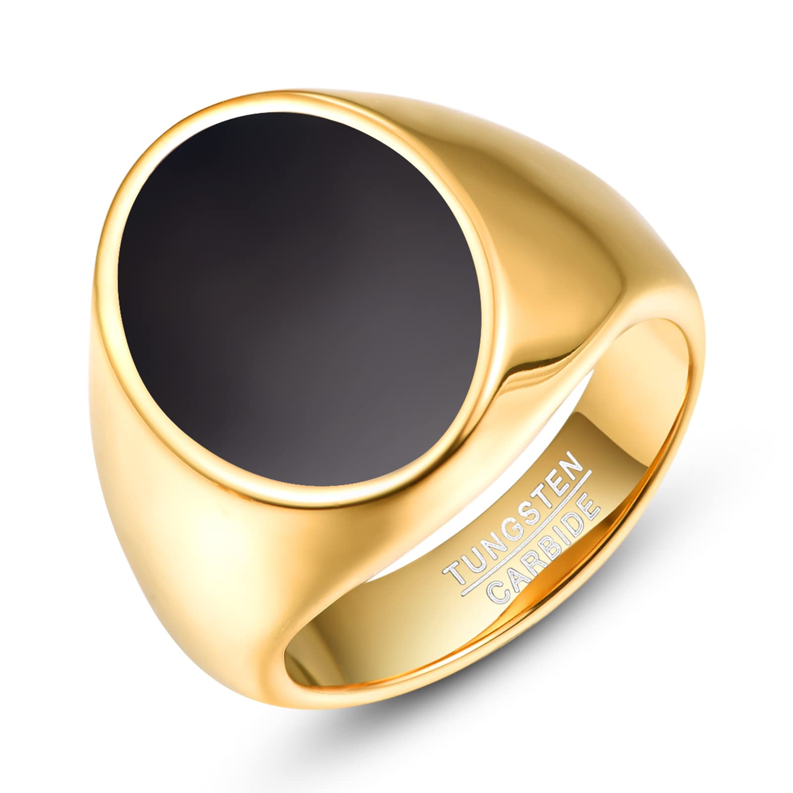 NUNCADMens Gold Signet Wedding Band Tungsten Engagement Ring Black Glossy Size V 1/2