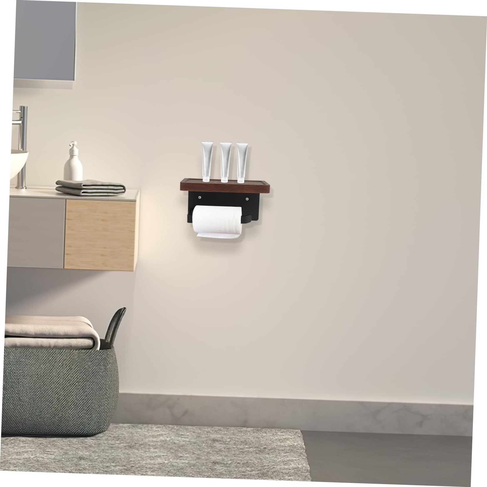 Portarrollos Papel Pared con Estante de Madera de Nogal Negro Soporte Práctico para Baño y Cocina Diseño Elegante para Pequeños Objetos