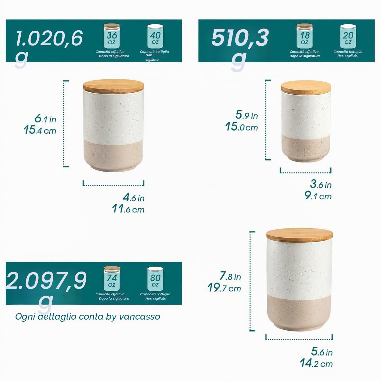 vancasso Sabine 3 Barattoli di Cucina Ermetici con Coperchio, Barattoli per Sale Zucchero Caffè in Gres, Vasetti Cucina per Caffè/Tè/Zucchero/Spezie/Farina/Fagioli, 20 OZ / 40 OZ / 80 OZ
