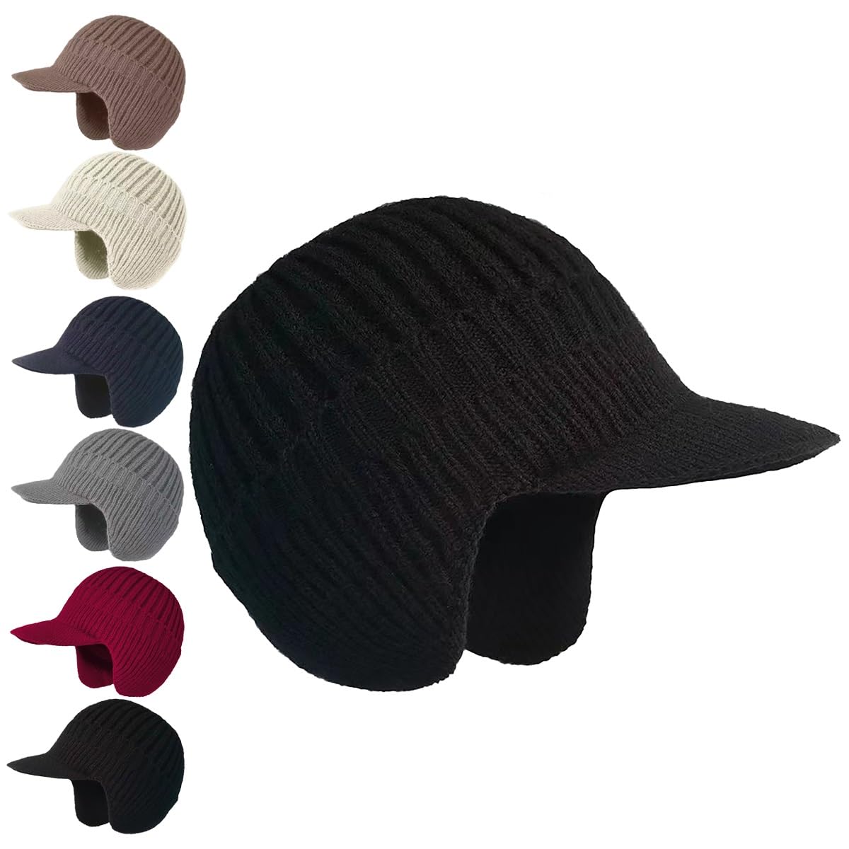 BDCPMT Elastic Warm Ear Protection Knitted Hat, Men's Winter Hat with Brim, Men's Winter Visor Beanie Hat with Earflaps(Black)