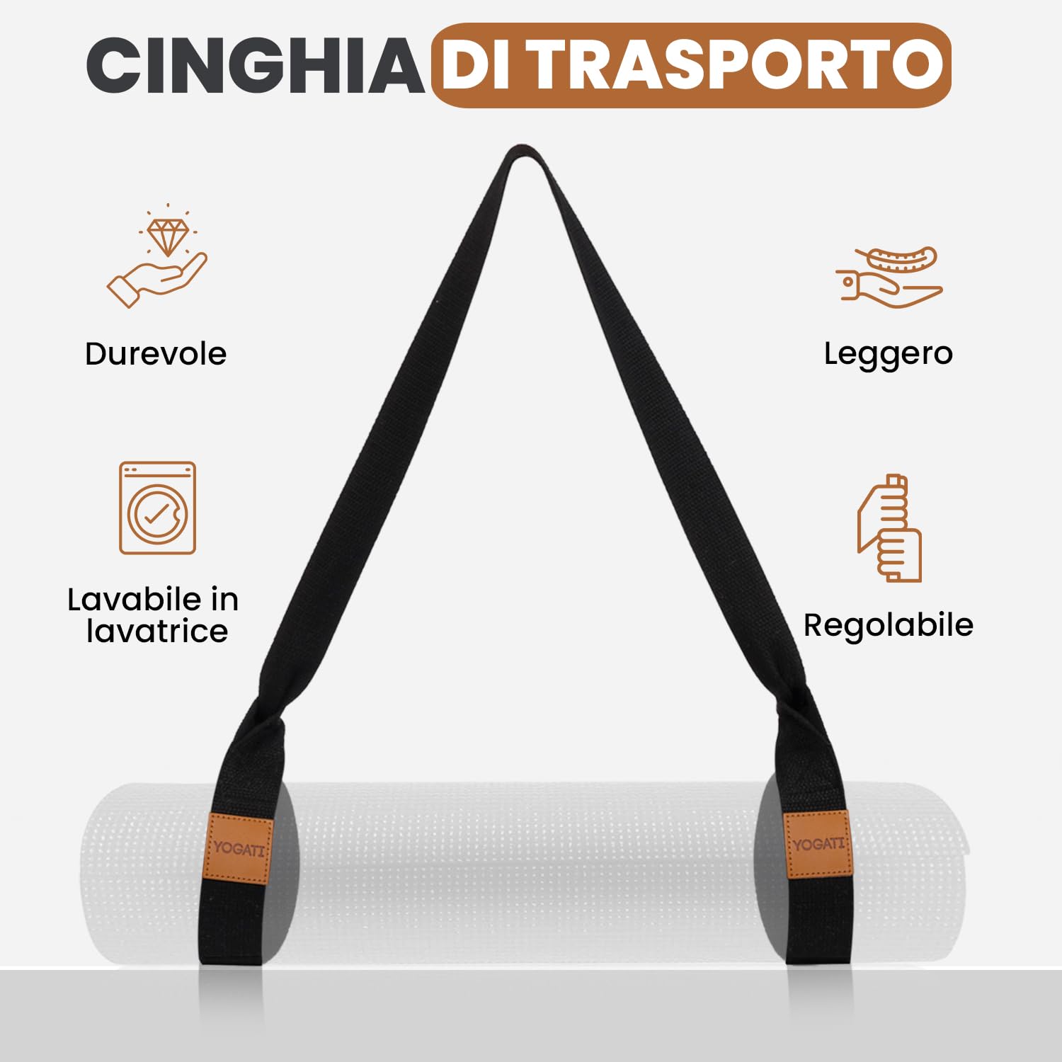 YOGATI® Cinghia Tappetino Yoga Regolabile| Fascia per Stretching, Strap Pilates, Cinghia da Yoga in Cotone, Laccio Elastica per Materassino da Studio, Casa, Viaggio e Palestra.