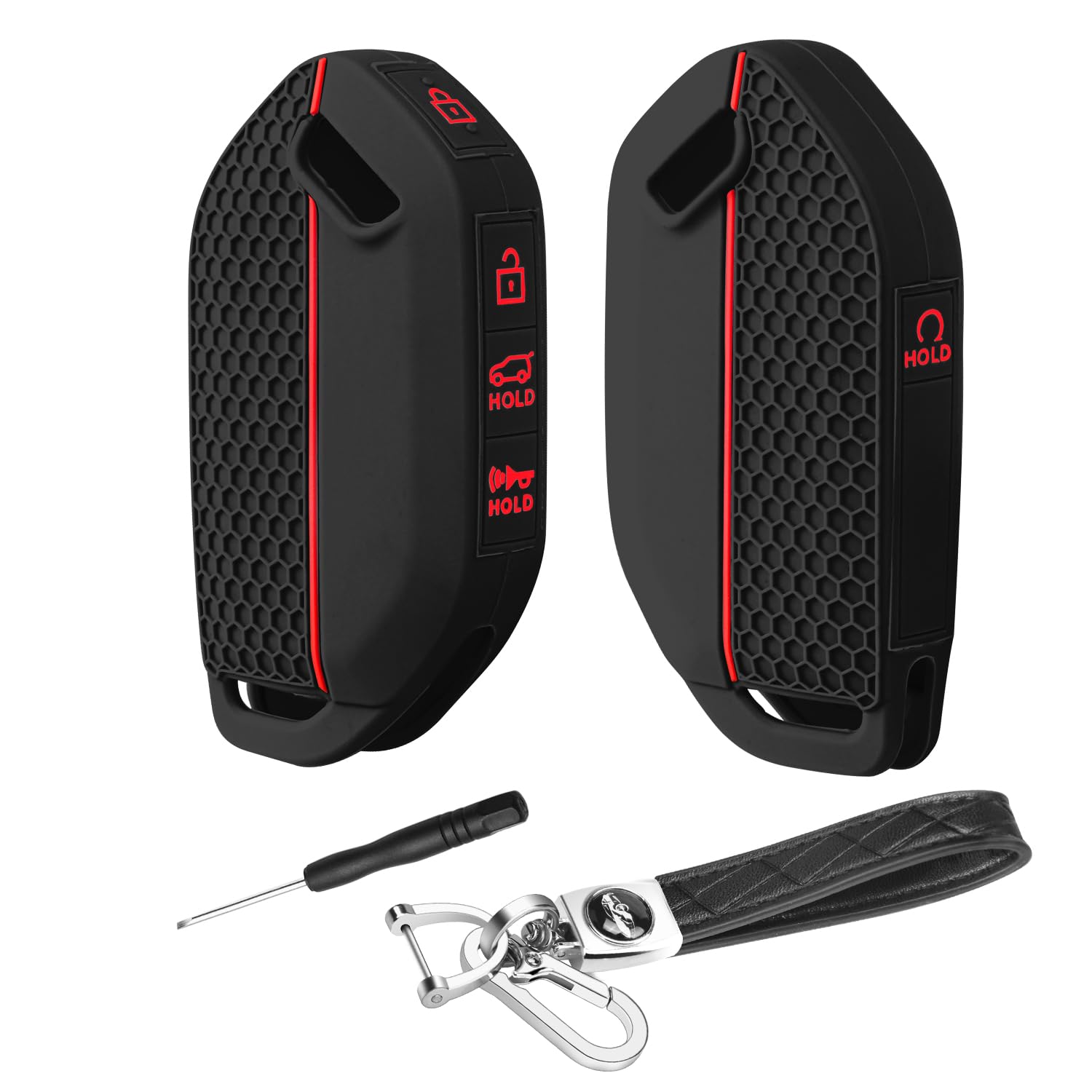 QBUC for 2PCS Kia Key Fob Cover with Keychain Soft Silicone Protection Compatible with 2023-2026 Kia Telluride 5 Buttons (Black Red+Black Red)