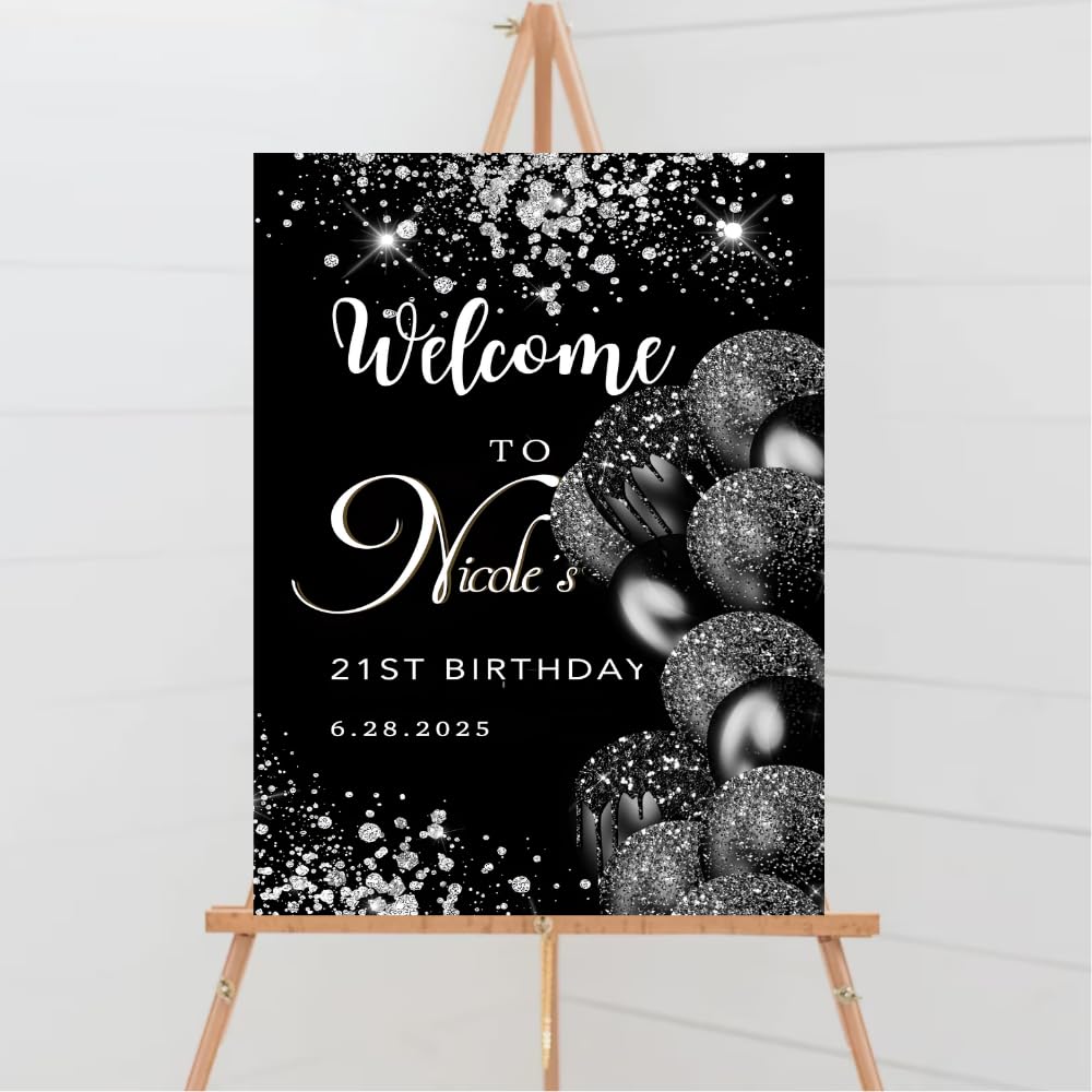 Personalized Any Age Birthday Welcome Sign, Birthday Welcome Birthday Welcome Poster Black Silver Glitter, Welcome Signs Decor, Birthday Party Sign