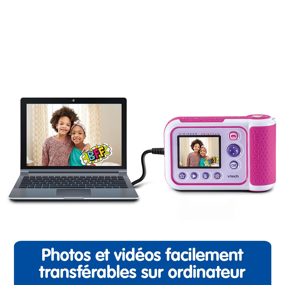 VTech - KidiZoom Print Cam Rose, Appareil Photo à Impression Instantanée, Photo, Selfie, Vidéo, Écran Couleur, Stickers, Filtres et Effets Rigolos, Cadeau Enfant Dès 5 Ans - Contenu en Français