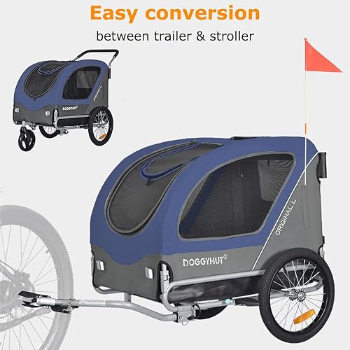 Miniatura 4 de DOGGYHUT Remolque y cochecito de bicicleta para mascotas grandes originales 2 en 1, para perros de hasta 78 libras, frenos de estacionamiento, marco