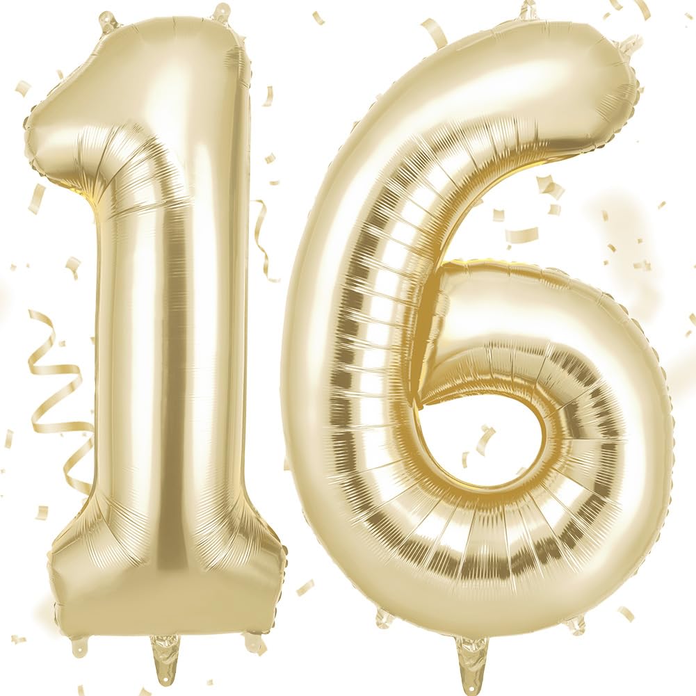 AOOSU Gold Zahl Luftballoon 16, Riesige Folienballon 16, 40 Zoll Helium Ballons Geburtstag Zahlen Luftballon Geburtstagsdeko Zahlenballon Jubiläumsparty Dekoration Gold Folienzahlen Ballon