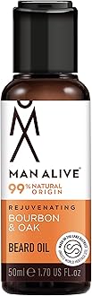 MAN ALIVEBeard Oil for men 99% Natural skincare 50ml with Oatmeal, Argan Oil, Jojoba Oil & Almond Oil, gifts for men softens facial hair mens gifts birthday gifts for him (Bourbon & Oak)