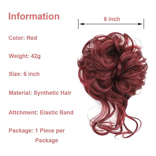Miniatura 3 de KETHBE Moño desordenado, extensión de moños despeinados, banda elástica para el cabello, moño rizado para mujeres (rojo)