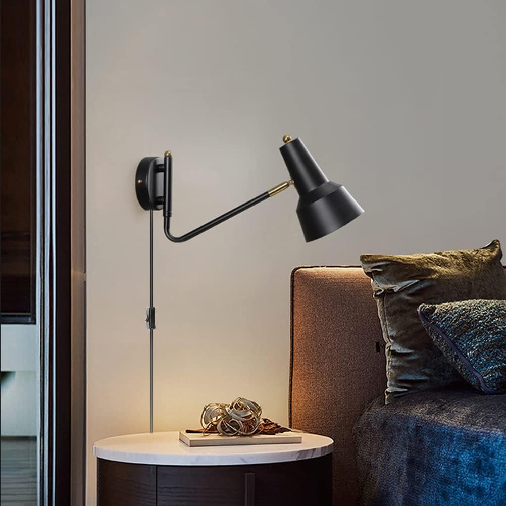 EaEa Aplique de Pared de Cabecera Brazo Largo Ajustable con Interruptor y Enchufe, Retro Lámpara de Pared de Dormitorio Luces de Lectura con Cable de 1,8 M, para Salon, Oficina, Pasillo, E27,Negro