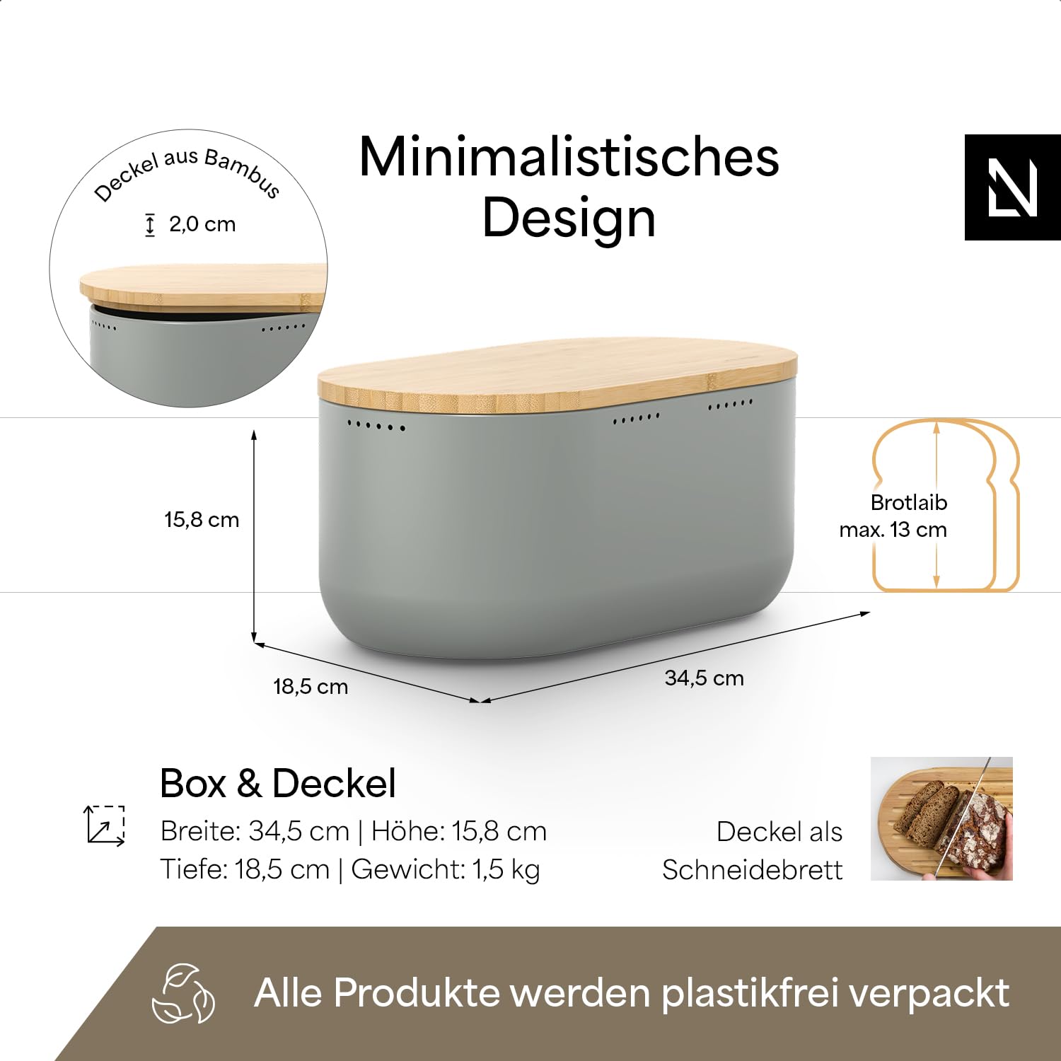 LARS NYSØM Brotkasten aus Metall I Brotbox für langanhaltende Frische mit rutschfesten Noppen I Brotdose mit hochwertigem Bambusdeckel verwendbar als Schneidebrett I 34x19x16cm (Ash Gray)