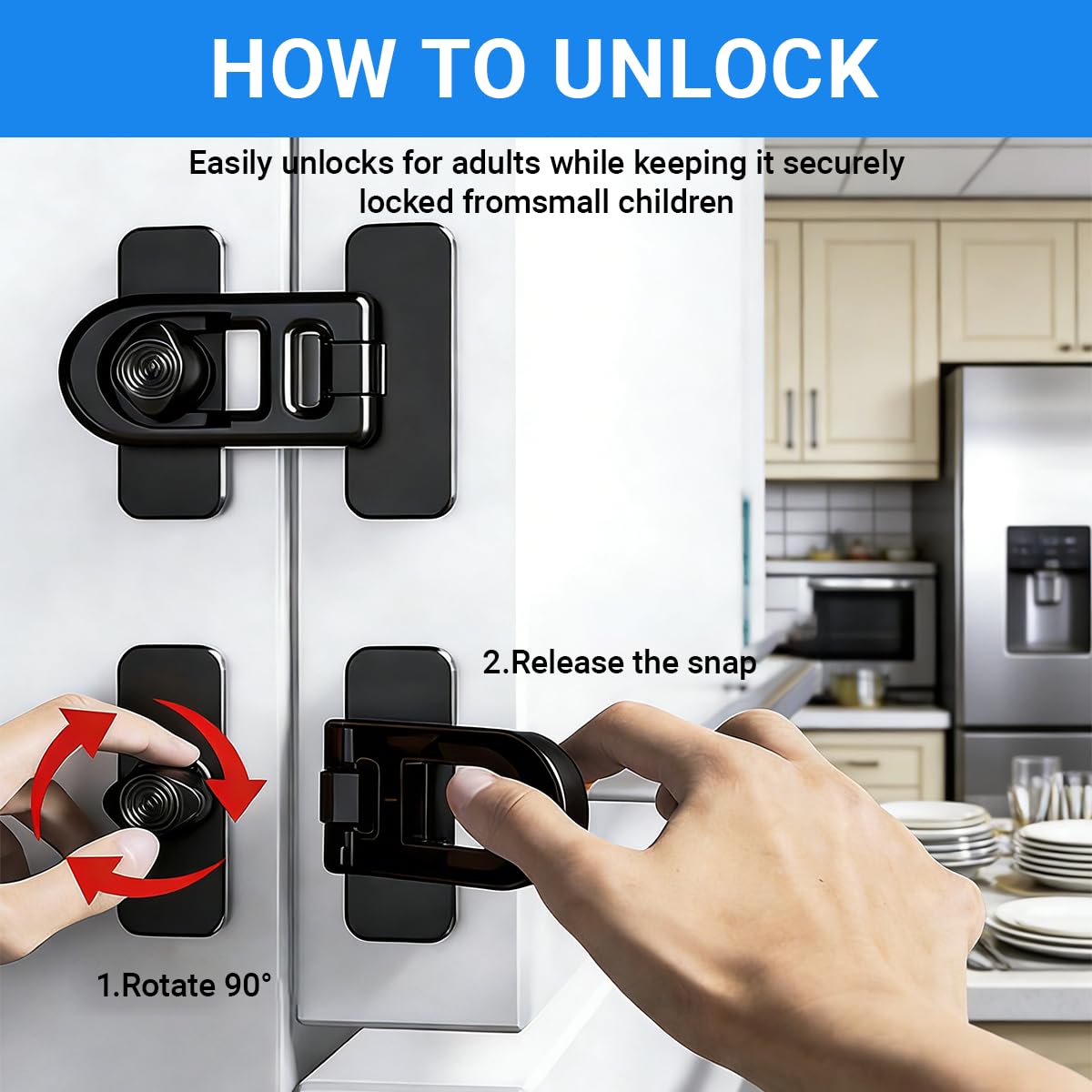 Serrure de Porte de Réfrigérateur de Sécurité Enfant, Lot de 4 Verrous ABS Noirs avec Rotation 90°, Protection Bébé pour Frigo, Tiroirs et Armoires