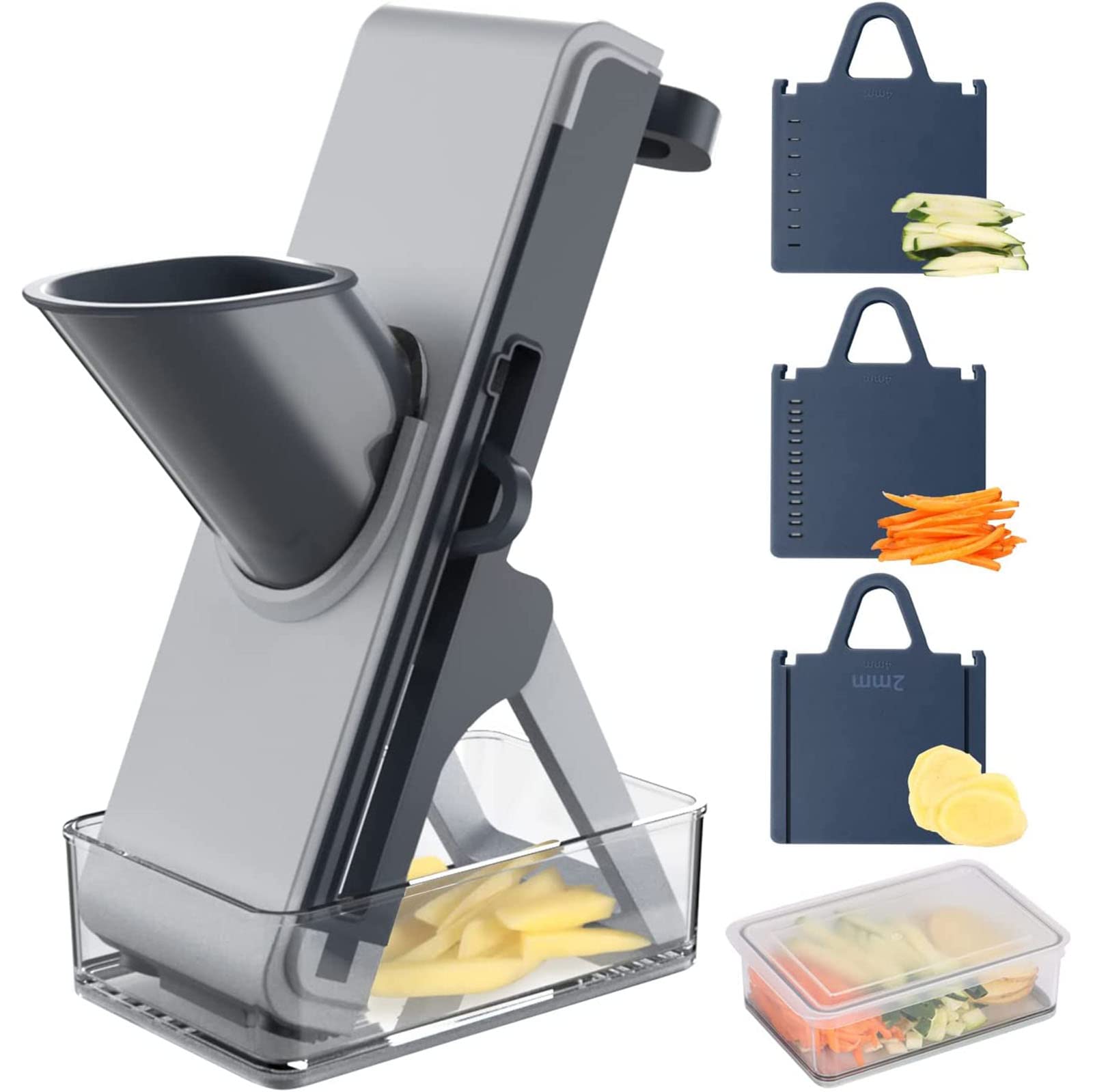 Affettatrice Mandolina Sicura per Cucina, Tritaverdure 4 in 1 Strisce Affettatrici Alimentari Regolabili Julienne Dicer Gadget Verticale per Patate, Cipolle, Cetrioli, Carote, Carne, Formaggio,Blu