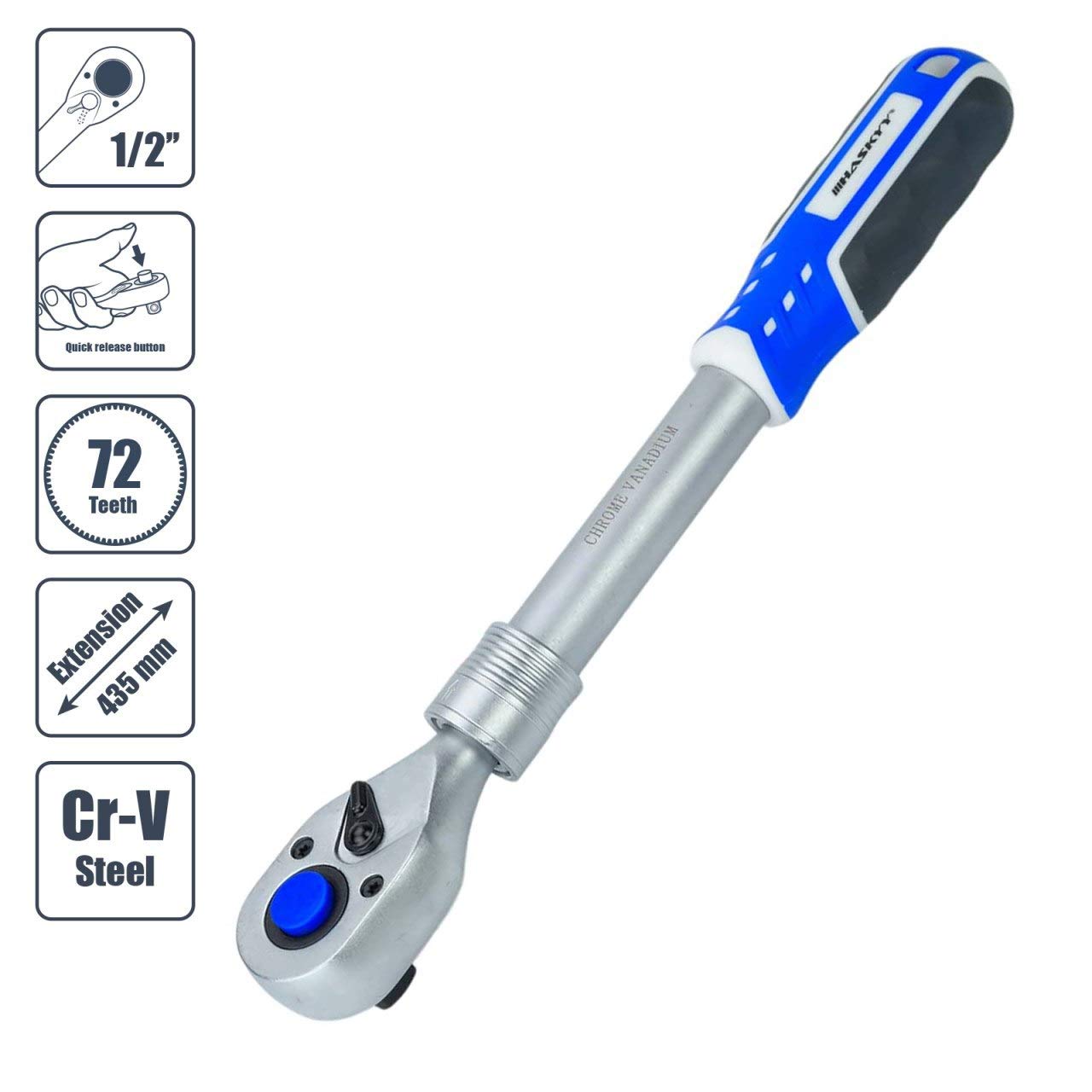 HASKYY CUK12-19 - Carraca telescópica (extensible, 12,5 mm, 345-495 mm, dentado fino, telescópico, carraca de 12,5 mm, 296-435 mm)