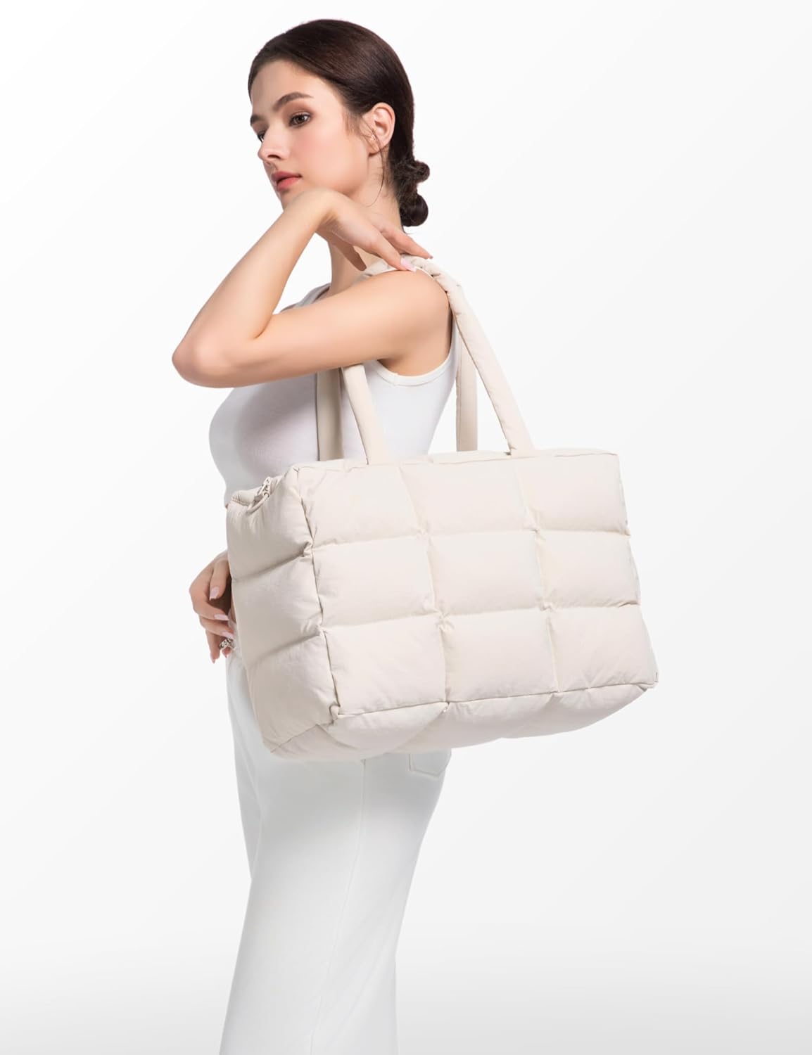 Unilily Puffer Tote Bag with Laptop Compartment, Quilted Shoulder Bag for Work Gym, Puffy Travel Carry On Tote with Zipper