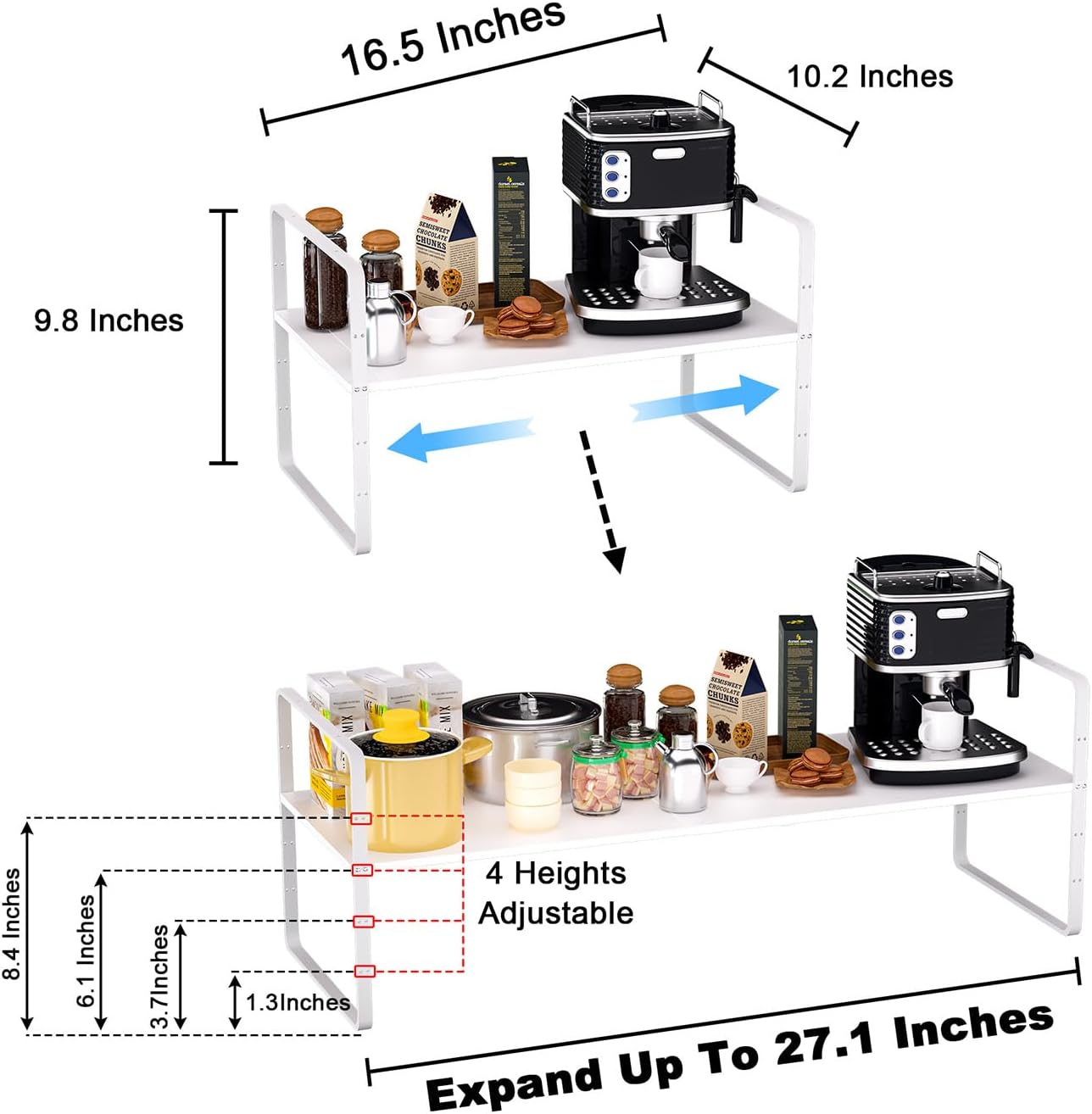 Expandable Kitchen Cabinet Shelf Organizers 2 Pack, Stackable Metal Pantry Storage Shelves Rack, Adjustable Counter Shelf for Cabinets, Countertop, Cupboard Organizers and Storage, White