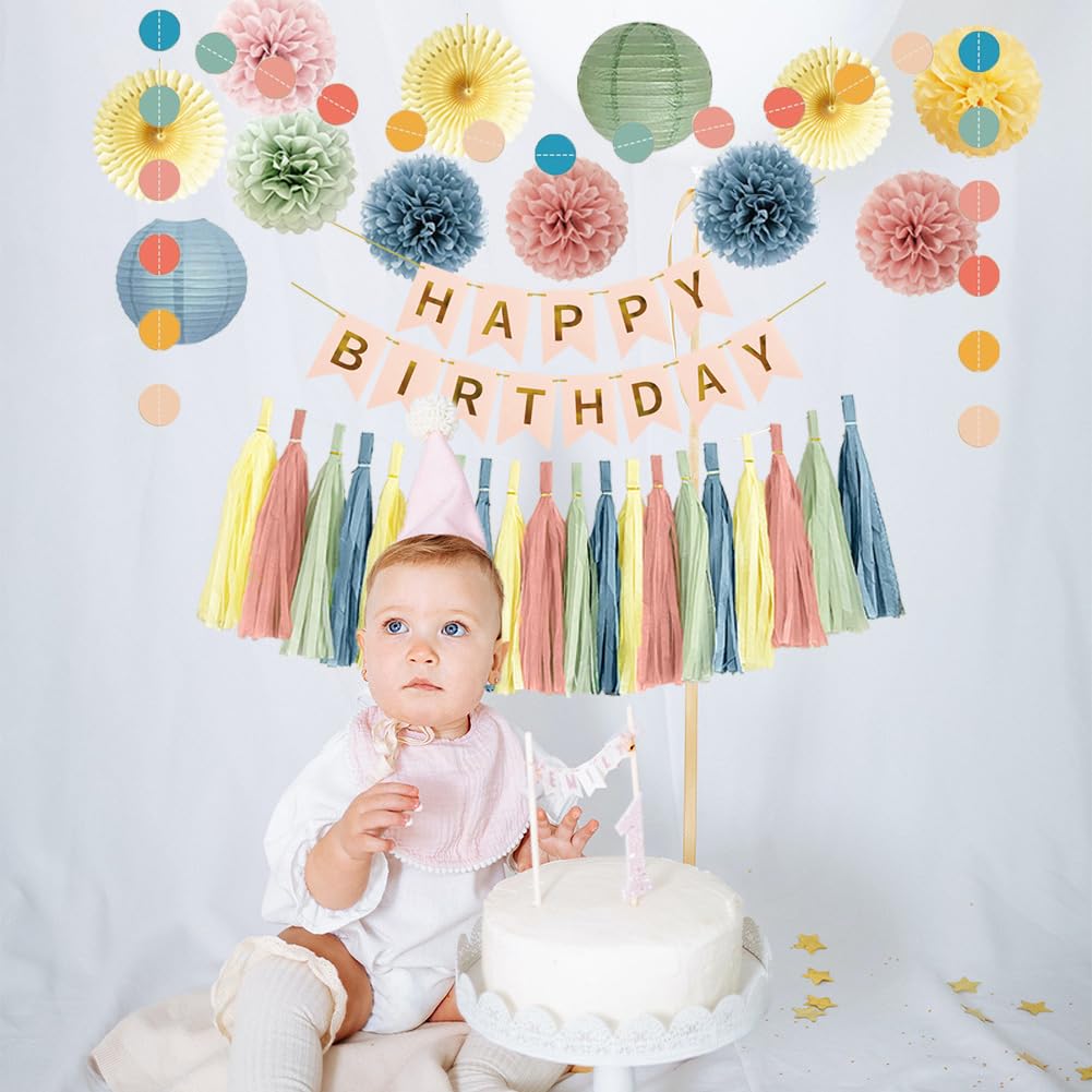 Retro Boho Regenbogen Geburtstag Dekorationen Pastell Geburtstag mit Happy Birthday Banner Salbeigrün Dusty Pink Blau Gelb Creme Papier Pom Poms Papier Quaste Girlande für Frauen Mädchen Jungen Party