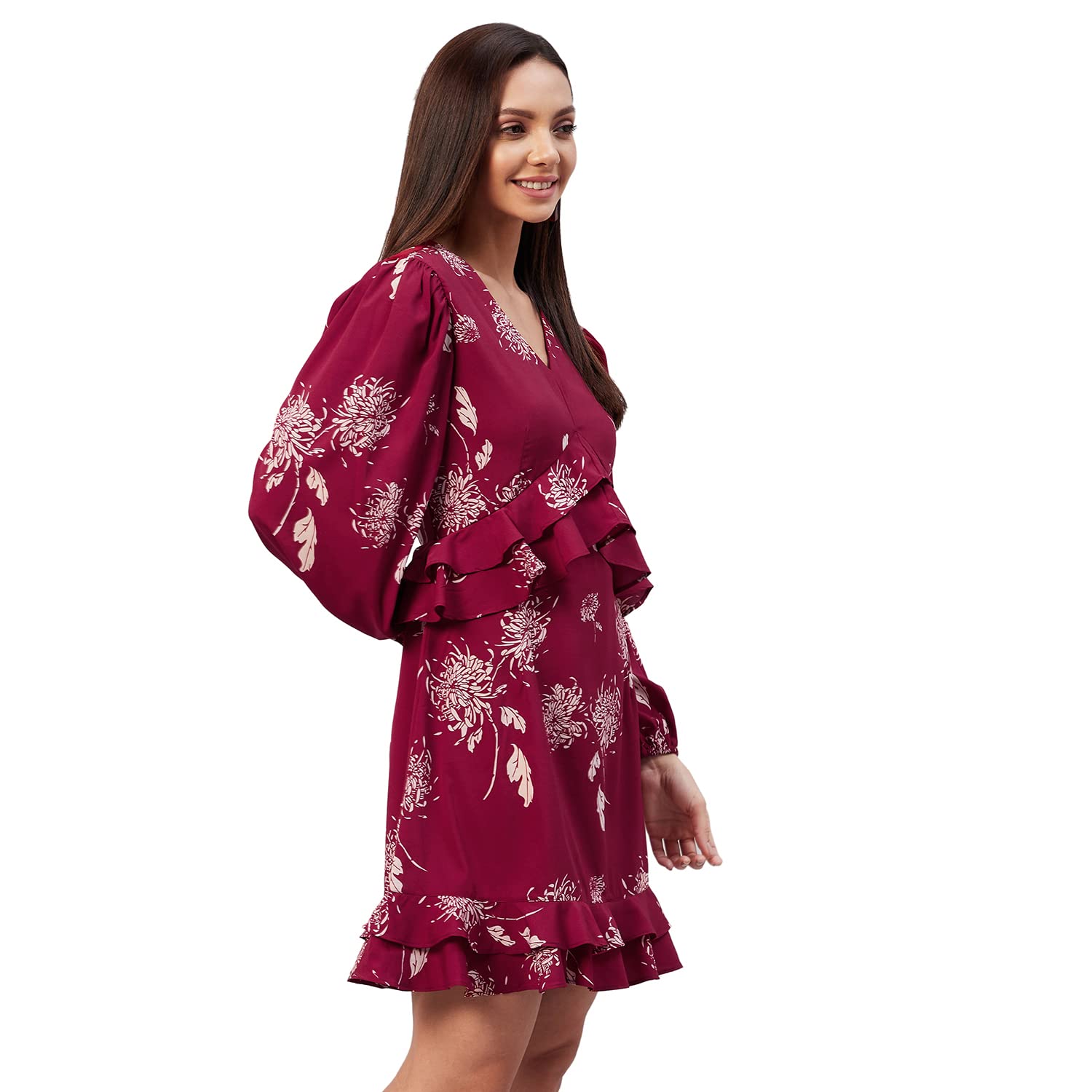 Rare Women Casual Maroon Colour Above Knee Floral Dress