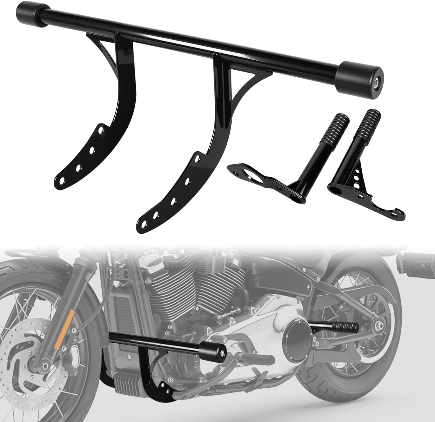 AUFER Front Highway Engine Guard Crash Bar Support Portection with Footpegs Foot Rest Pedal Compatible with for Softail Street Bob FXBB Low Rider FXLR 2018-2024 Nerf Bars Crash Bar Frame