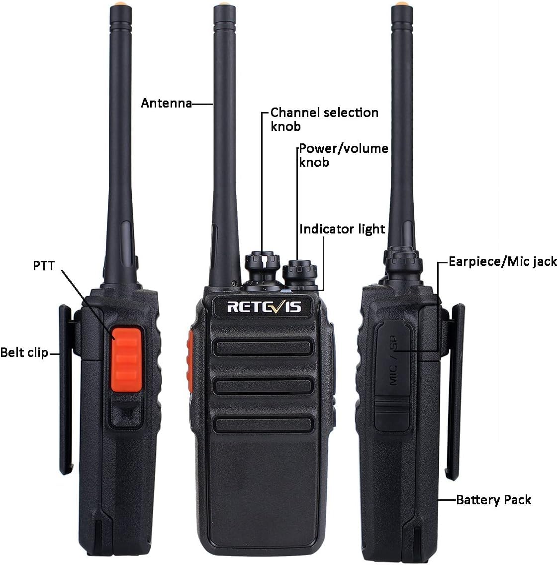 Retevis RT24 Plus Talkie Walkie Professionnel, Talkie-Walkie Longue Portée PMR446 sans Licence 16 Canaux CTCSS/DCS, Toki Walki avec Oreillette pour Restauration, Vente au détail (Noir,4 Pcs)