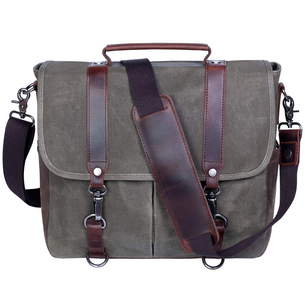 Mens Messenger Bag Waterproof Vintage Genuine Leather Waxed Canvas Briefcase Large Satchel Shoulder Bag Laptop Bag