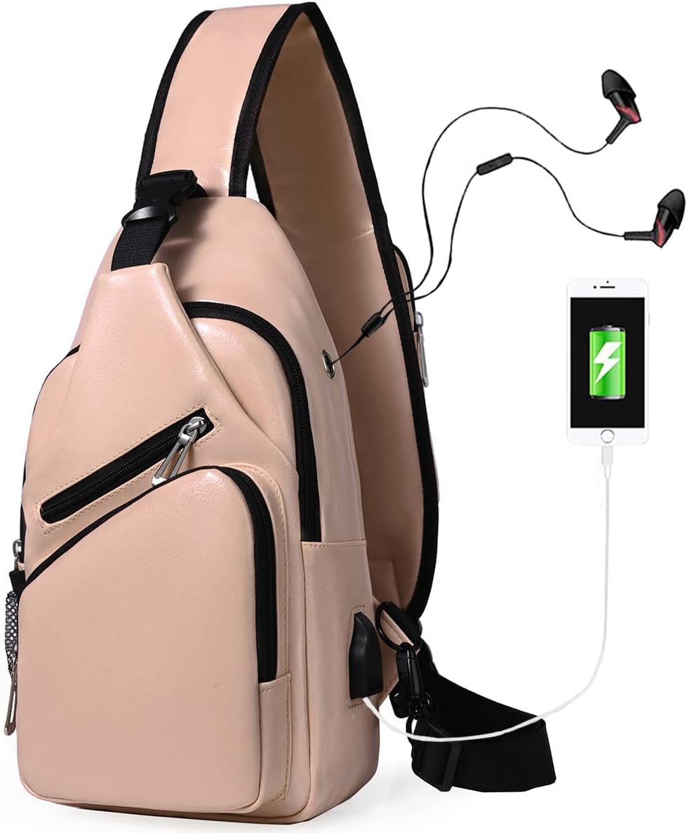 Sling Bag Crossbody Backpack for Women Men Waterproof Chest Shoulder Bag Daypack for Hiking Walking Travel USB Charger Port (Leather Pink) : Sports & Outdoors