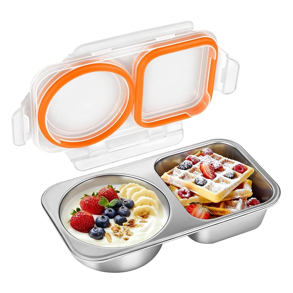 Hndhbfgrt Snack Container in Stainless Steel, 400ml 2 Compartment Snackle Snack Box with Airtight,Leakproof Lids Bento Box Reusable