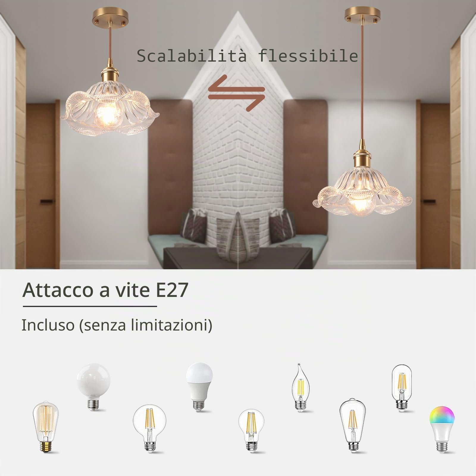 Set di 2 Lampada a Sospensione Industriale Vintage Ottone Lampadario Creativo Fiori Paralume in Vetro E27 Plafoniera per Cucina Sala da Pranzo