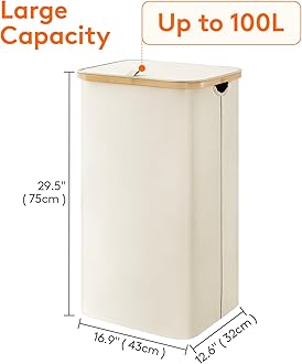 Lifewit 100L Laundry Basket with Lid, Clothes Hampers for Laundry with Bamboo Handles and A Removable Laundry Bag, Large Foldable Laundry Hamper for Bedroom, Bathroom, Dorm, Laundry Room, White