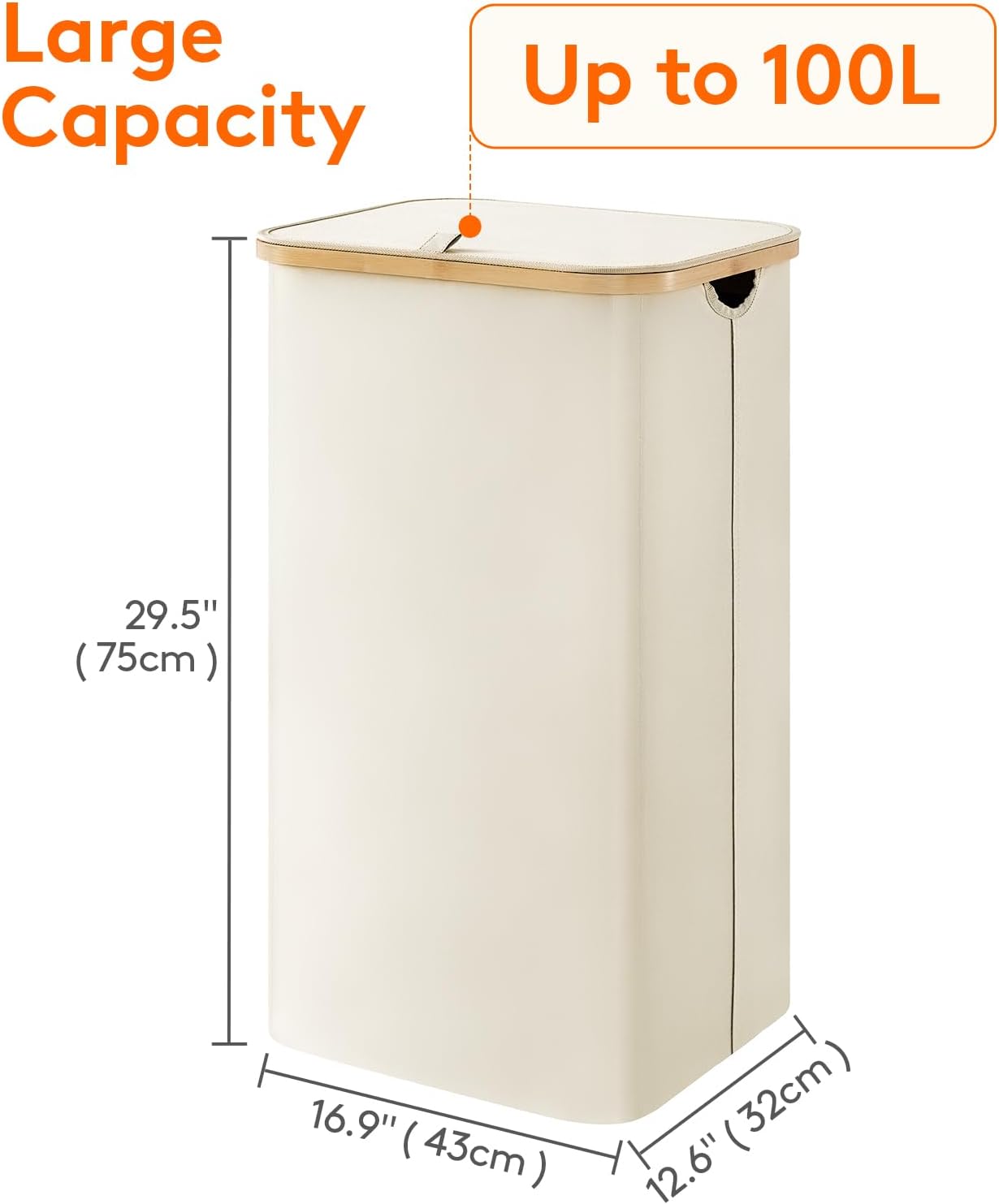 Lifewit 100L Laundry Basket with Lid, Clothes Hampers for Laundry with Bamboo Handles and A Removable Laundry Bag, Large Foldable Laundry Hamper for Bedroom, Bathroom, Dorm, Laundry Room, White