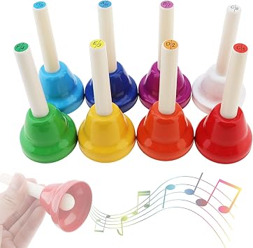 Hand Bells 8 Notes, Colorful Musical Percussion Instrument, Diatonic Music Table Bell for School Church Chorus, Family Party, Colorful Diatonic Hand Bells, Rainbow Bell Percussion Instrument