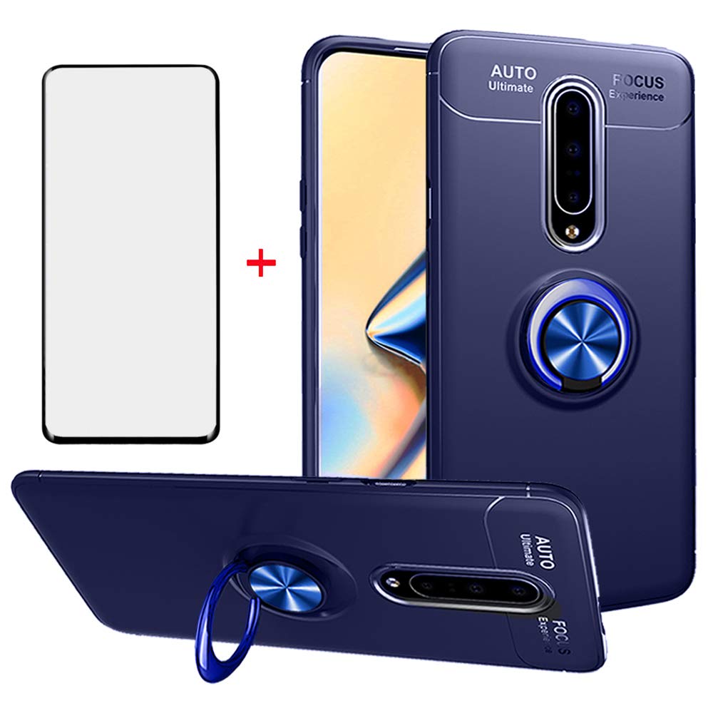 Phone Case for Oneplus 7 Pro with Tempered Glass Screen Protector Cover and Magnetic Stand Ring Holder Accessories Shockproof Silicone Oneplus7Pro One Plus Plus7pro 1 1Plus OnePlus7 7Pro + 1+7 Blue