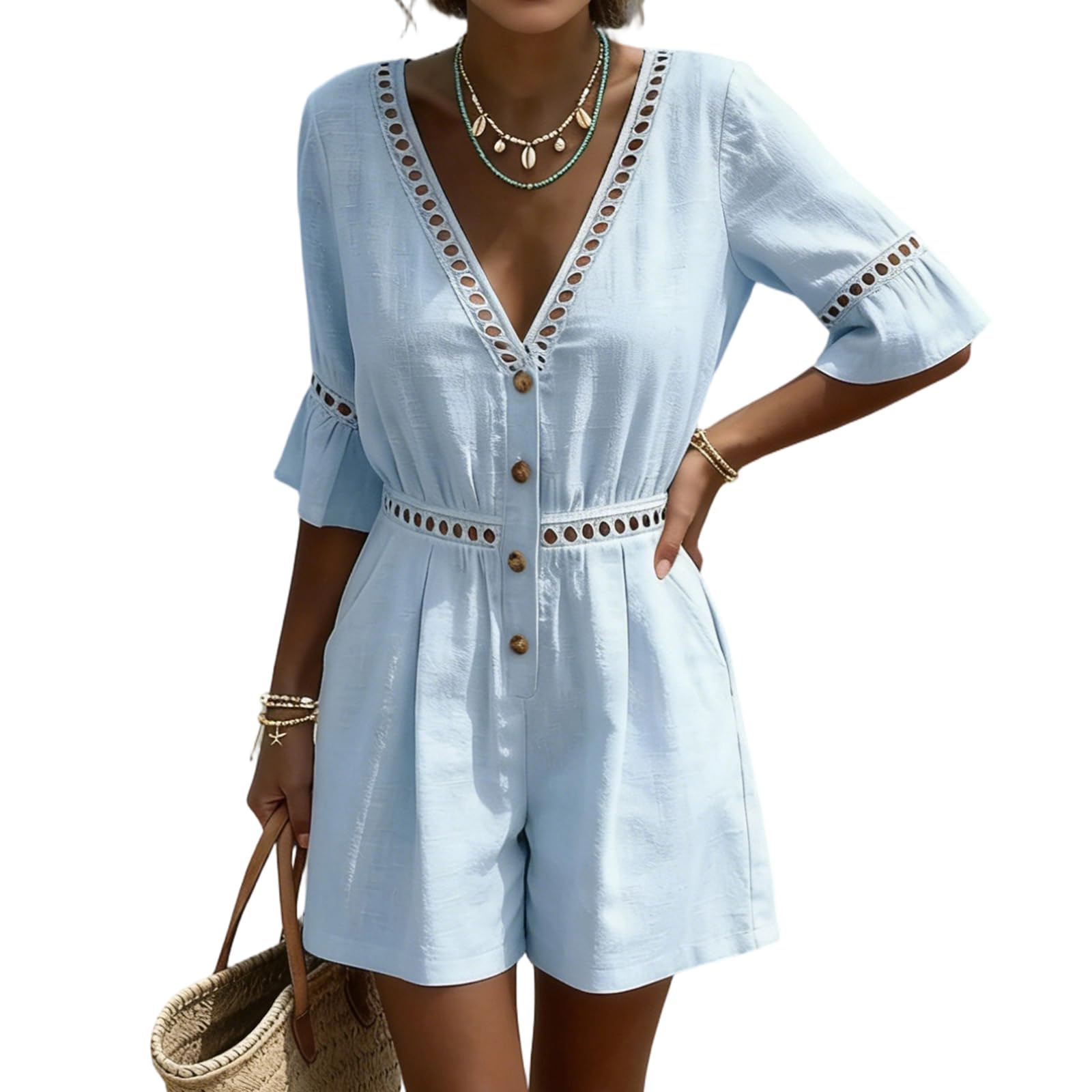 Lin Combinaisons Femme Couleur Pure Col en V Demi-Manche Vetement Femme Ete Combishorts Classique Unique Legere Respirante Combinaison Short Detente Plage