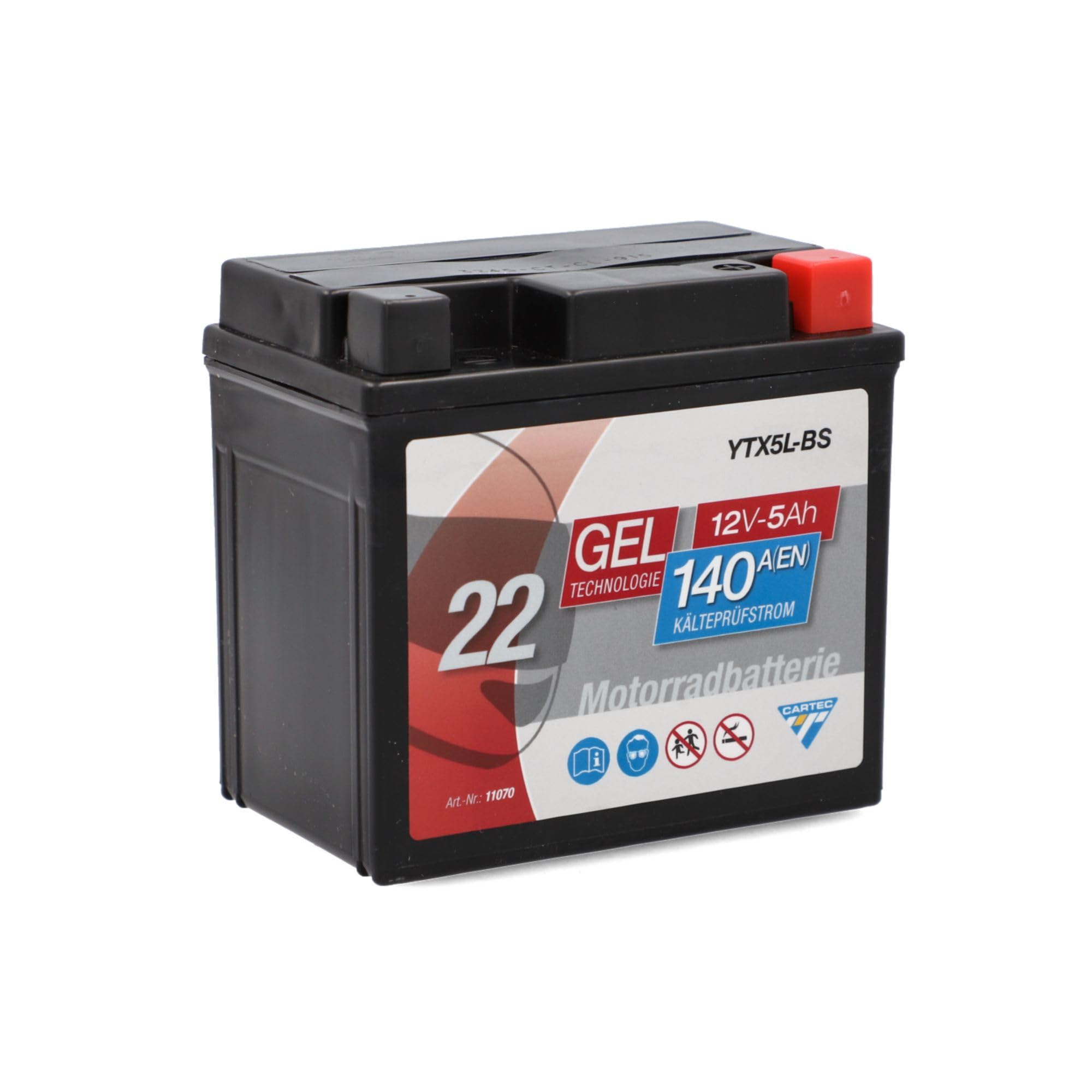 CARTEC Akumulator motocyklowy YTX5L-BS, 5 Ah, 140 A, technologia żelowa, jakość OEM, odporny na cykl, możliwość przechowywania, bezobsługowy, czarny