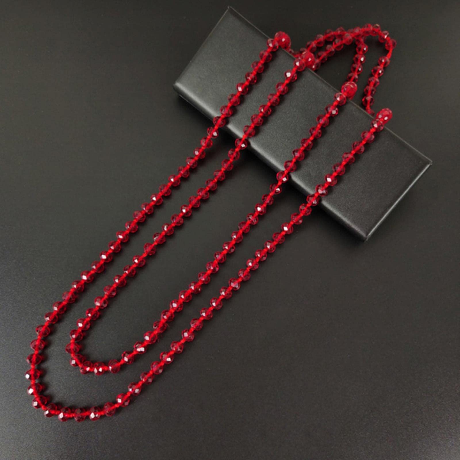 zxcs Classic long glass necklace 60" Knotted Necklace Single Strand Faceted Black And Red Glass Crystal Beads