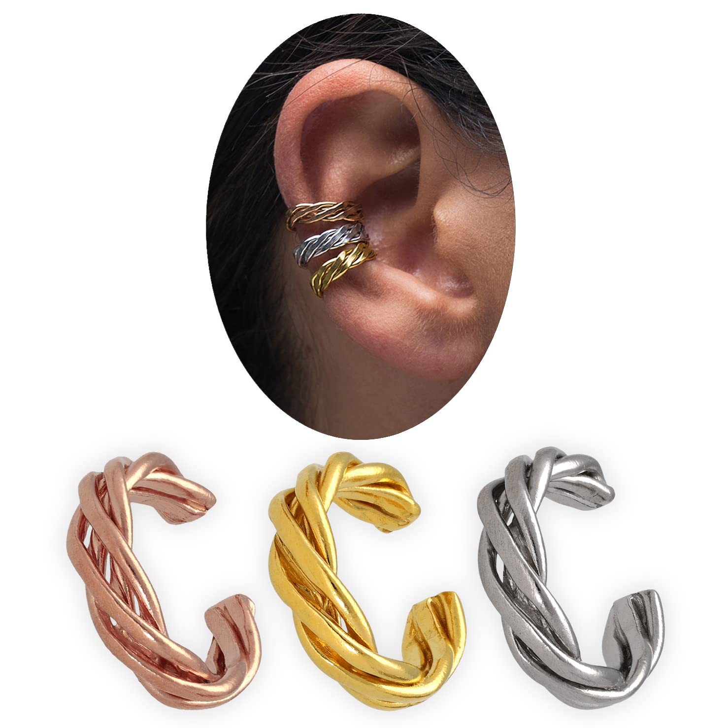 Minimalistische Ear Cuff Set ohne Ohrloch - 3 Stück - 925 Sterlingsilber geflochten - Silber Gold Rosé Mix - Stapelbar - Nickelfrei Hypoallergen - Kein Piercing - Handmade by Emmanuela