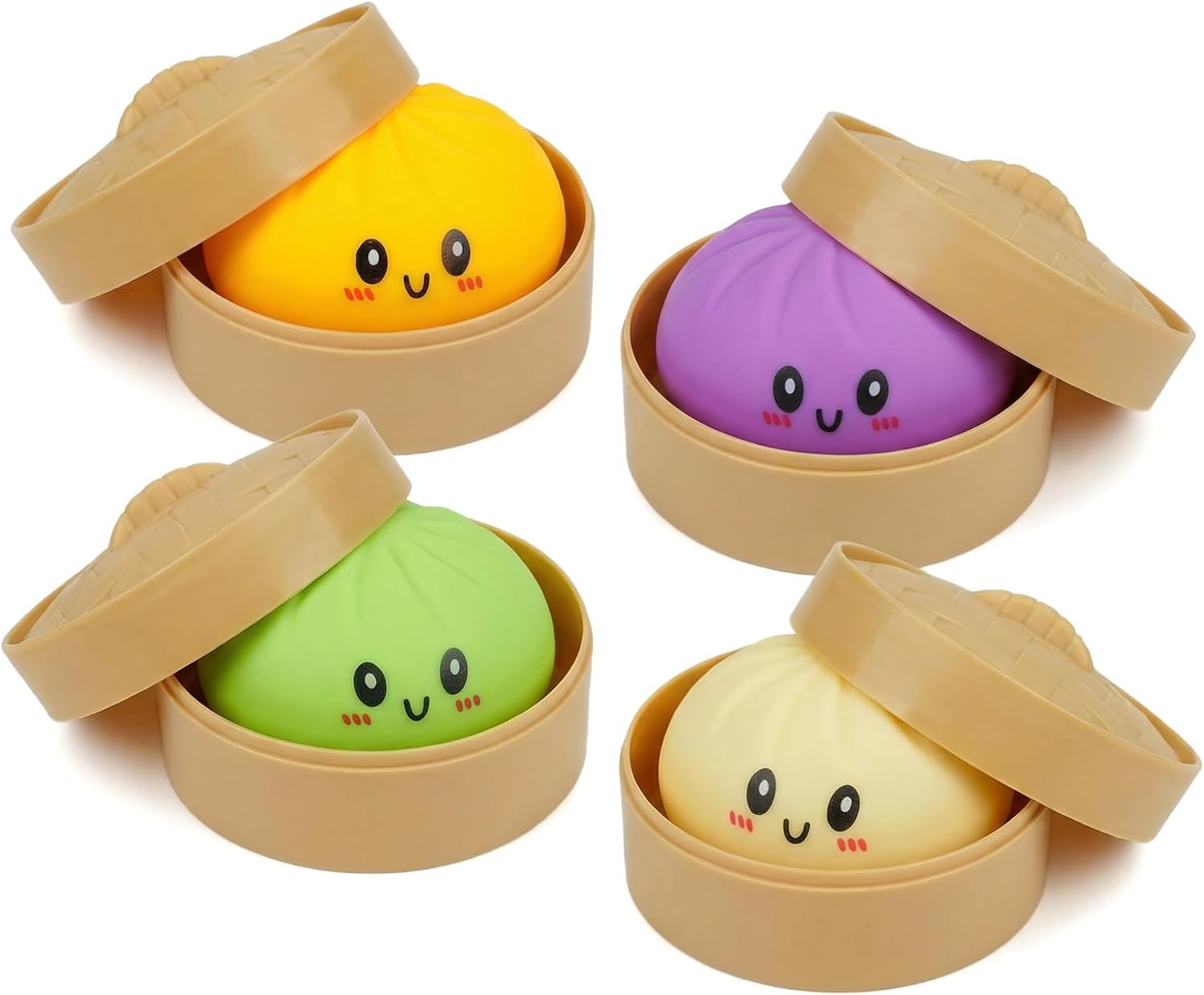 Dumpling Squishy, 4Pcs Squishy Dumpling with Steamer, Soft Squeeze Decompression Dough for Adults and Kids, Dumplings Stress Balls Fidget Sensory Toy