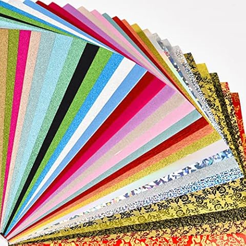 Glitter Embossed Metallic Foil Paper Pack - 50 Sheets Assorted Colors & Designs Sparkly Holographic Premium Construction Paper for Gift Box Wrapping Birthday Party Home Decor Scrapbook Cover