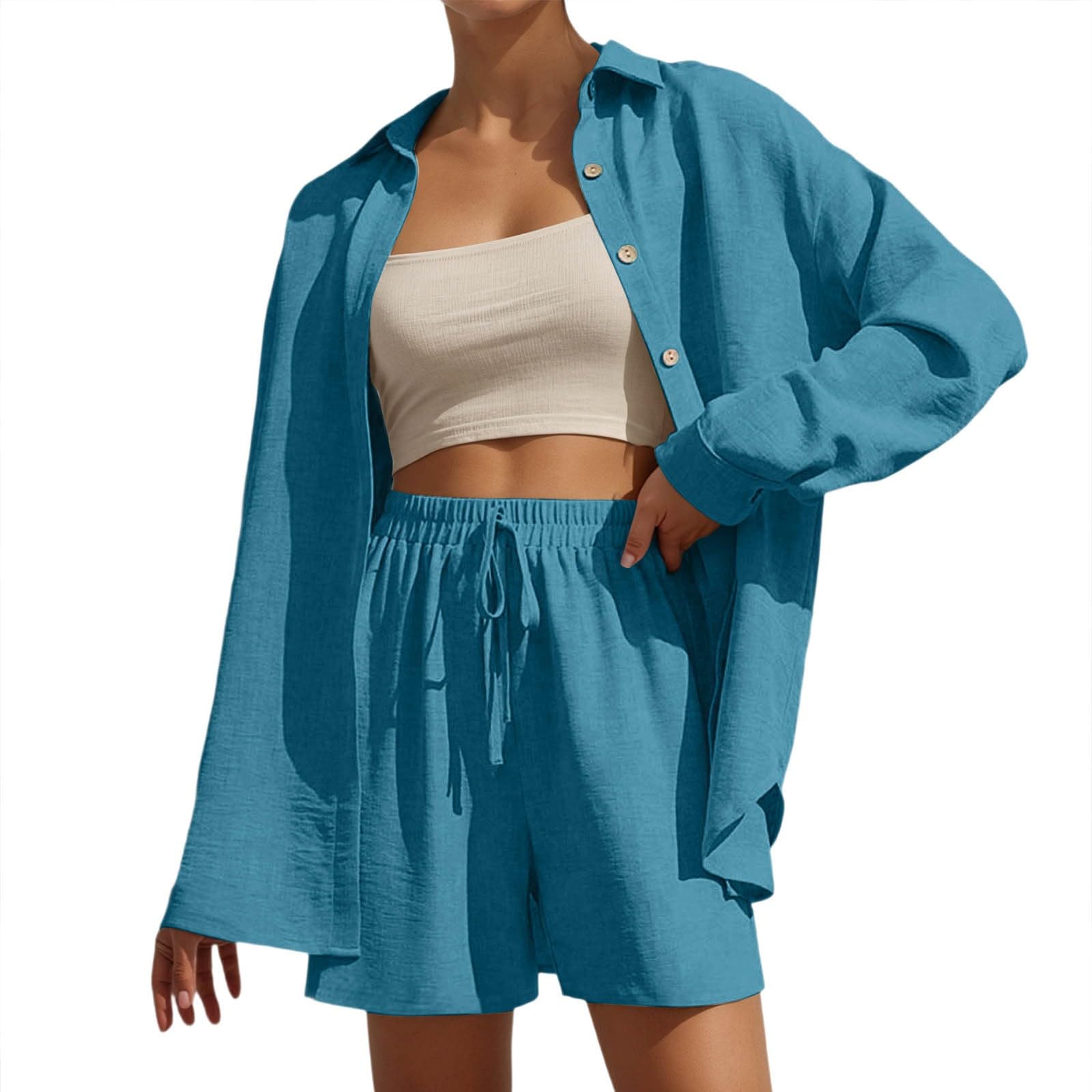 Women's Linen Shorts Sets Matching Long Sleeve Streetwear Loose Fit Versatile Short Button V Neck Summer Comfortable Wide Leg Pants Shopping Blazer Suits Sets