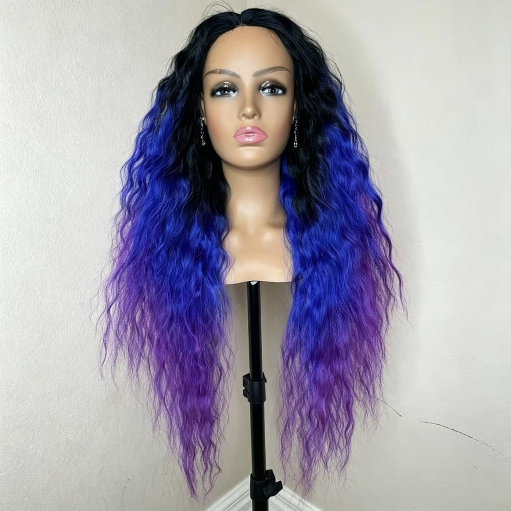 Haarpflege Blau Lila Perücke Ombré Schwarz 26 Zoll Lang Mittelteil Hitze