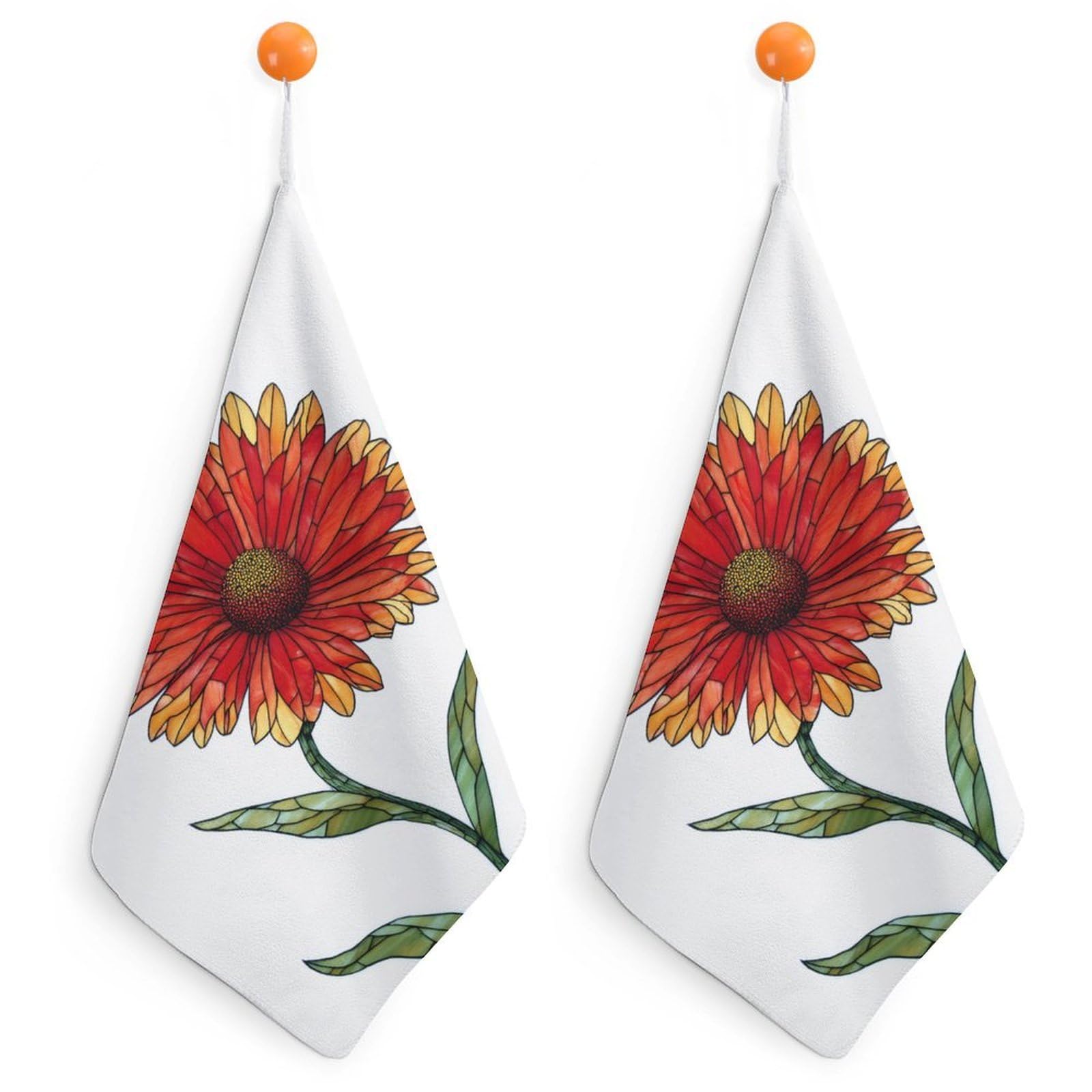 Jubonexis Stained Glass Indian Red Wildflower Small Hand Towel with Hanging Loop 2 PCS Absorbent Soft Wash Cloth for Kitchen Bathroom