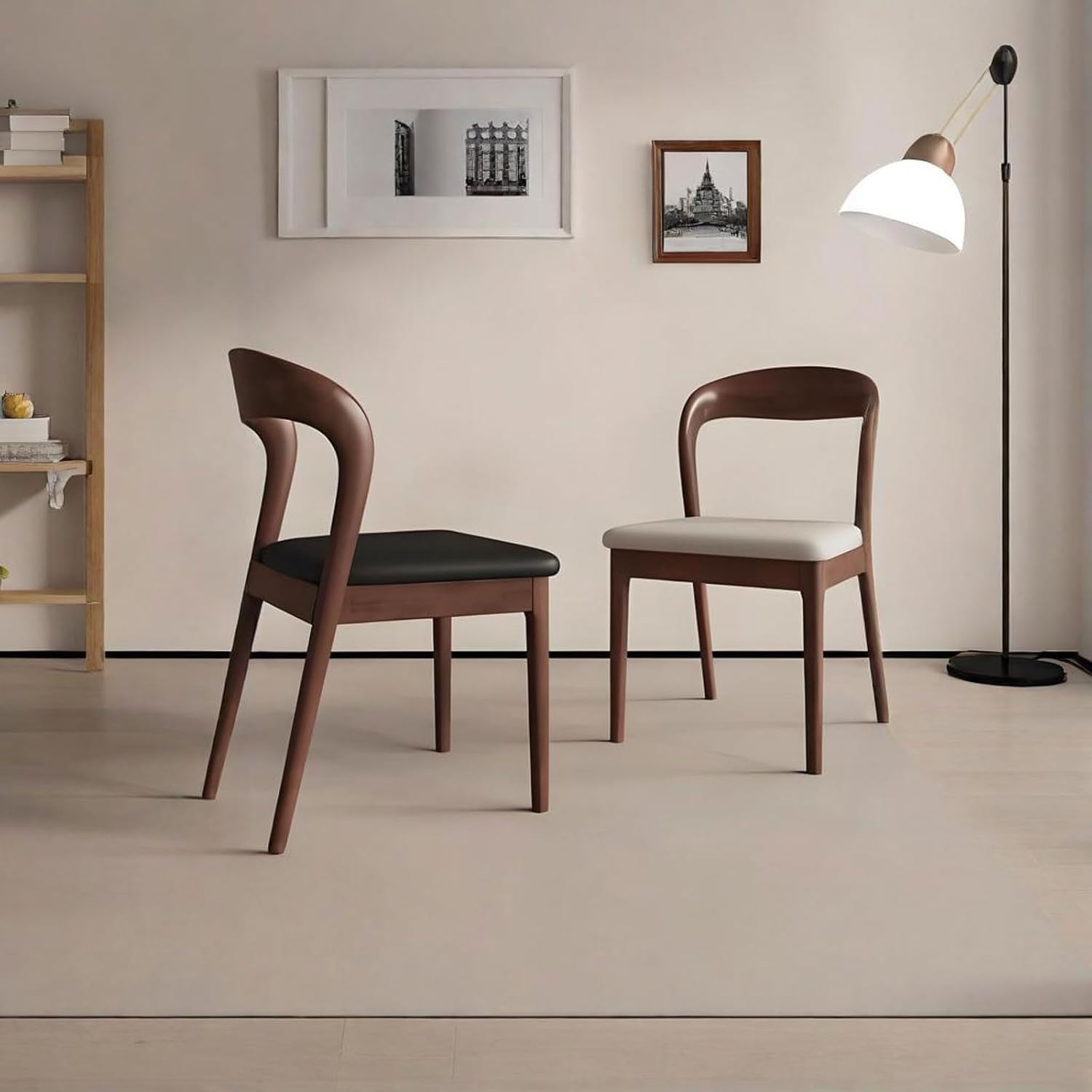 Wooden Dining Chairs Set of 4,Modern Mid Century Accent Chairs with Ergonomic Back, Easy to Store Modern Armless Chairs w/Hard Oak Frame & Waterproof Leather for Restaurant, Ebony/Orange Leather