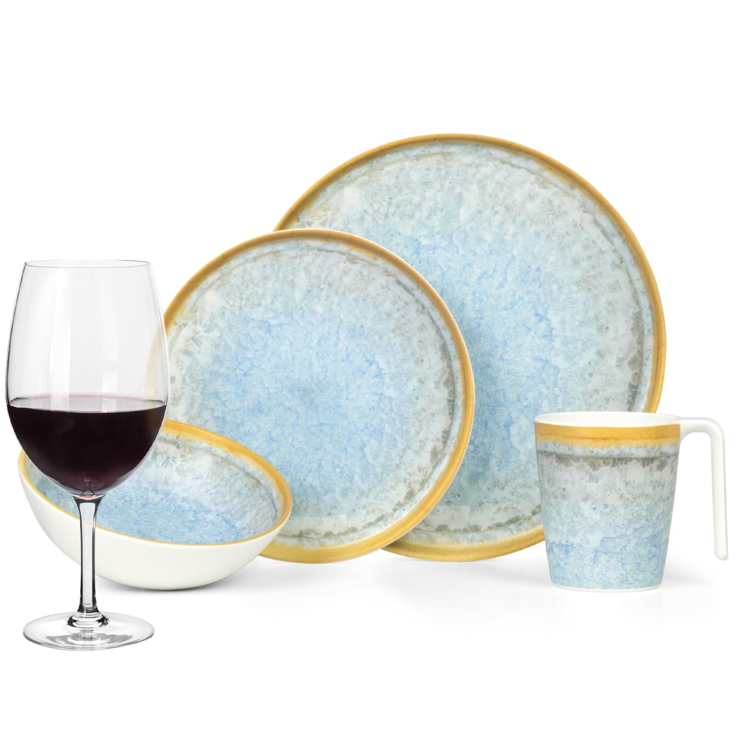 Vajilla de melamina para camping, 4 personas, color azul cristal + 4 vasos de vino tinto Tiamo rojo copas de vino rojo vajilla vajilla de picnic barbacoa