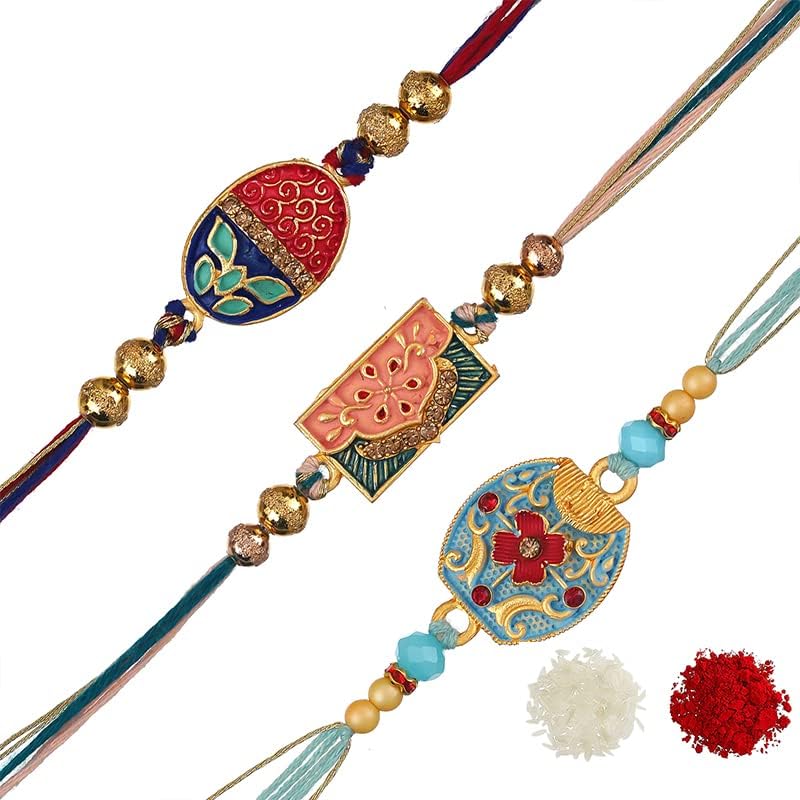 eCraftIndia Set of 3 Multicolor Semi Precious Designer Rakhis, Happy Rakhi Wooden Cutout with Roli Chawal Pack - Rakhi for Brother, Bhaiya, Bhai (B0D1CGD8FG) Amazon Price History, Amazon Price Tracker