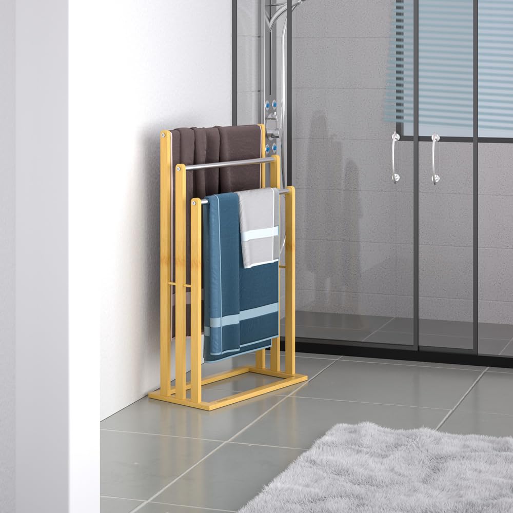 Porte-Serviettes en Bambou sur Pied avec 3 Barres Support pour Serviettes Étagère de Salle de Bain