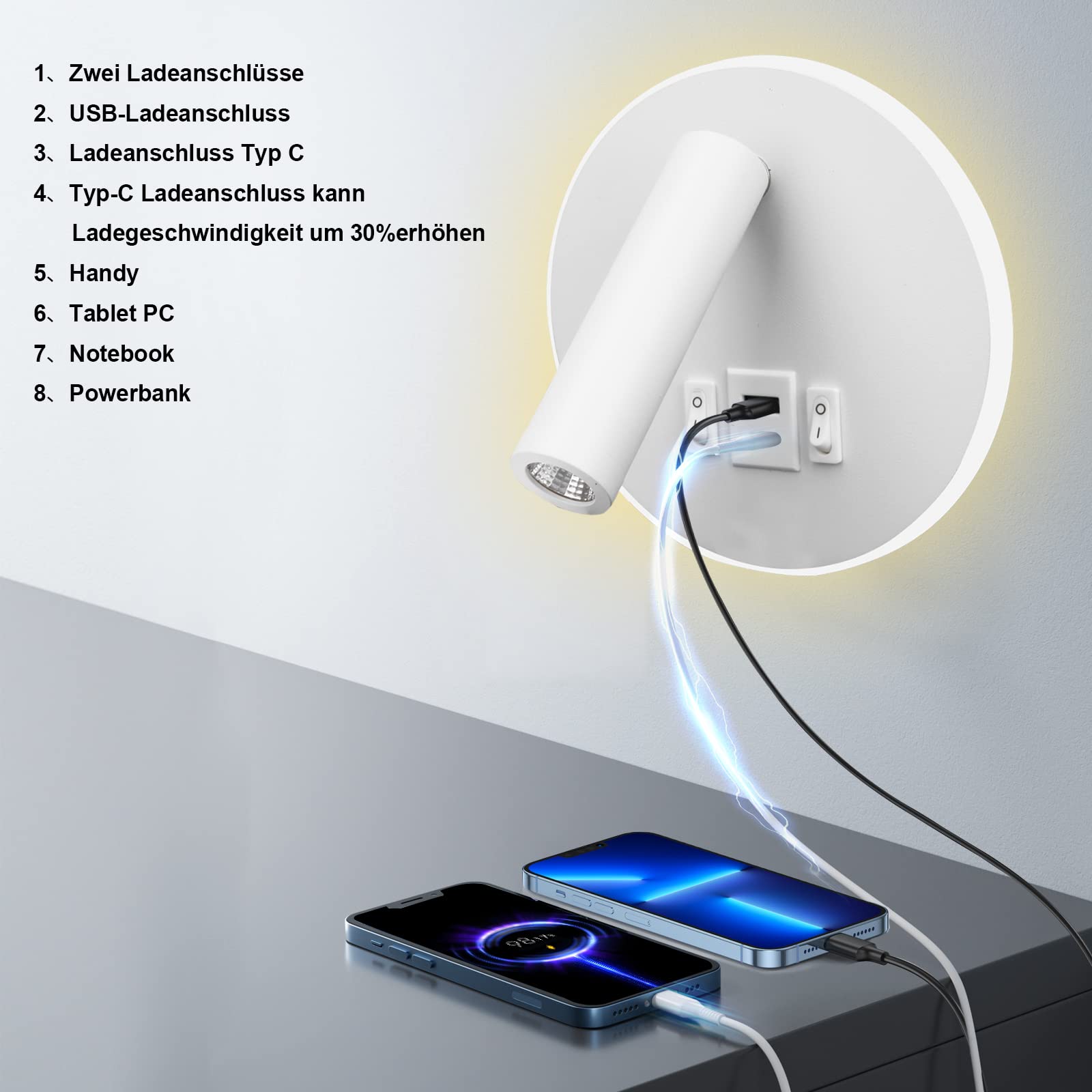 LED Lampada da Lettura USB Tipo-C Due Interruttore di Bocca di Carica Regolabile 12W LED Spotlight 3000K Lampada Da Parete In Alluminio Lampada Da Letto Rotabile (Tondo bianco)