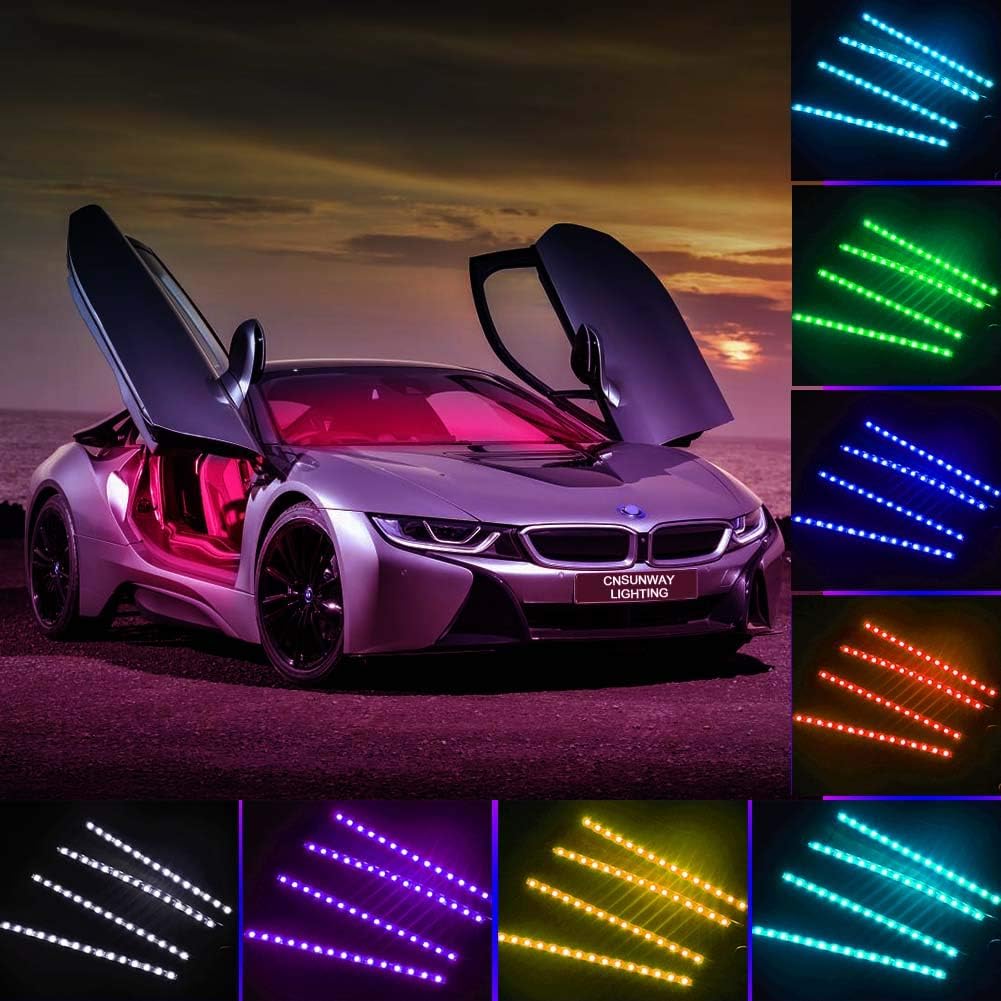 Interior Car Lights, Car LED Strip Lights 4pcs with 60 LEDs, 9 Colors Changing, Music Sync Dance, Decorative Atmosphere Glow Neon Lighting Kit with Wired Button Control, 12V/DC Input