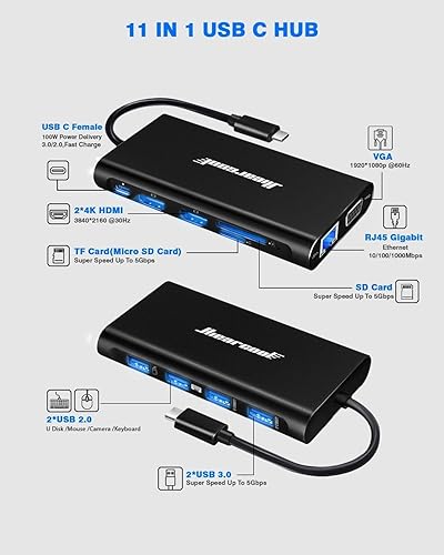 Miniatura 2 de Hiearcool Estación de acoplamiento USB C para laptop, Hub Tipo C 11 en 1 Adaptador Multipuerto Dongle, Base USB C con Dual HDMI VGA 100W PD Carga